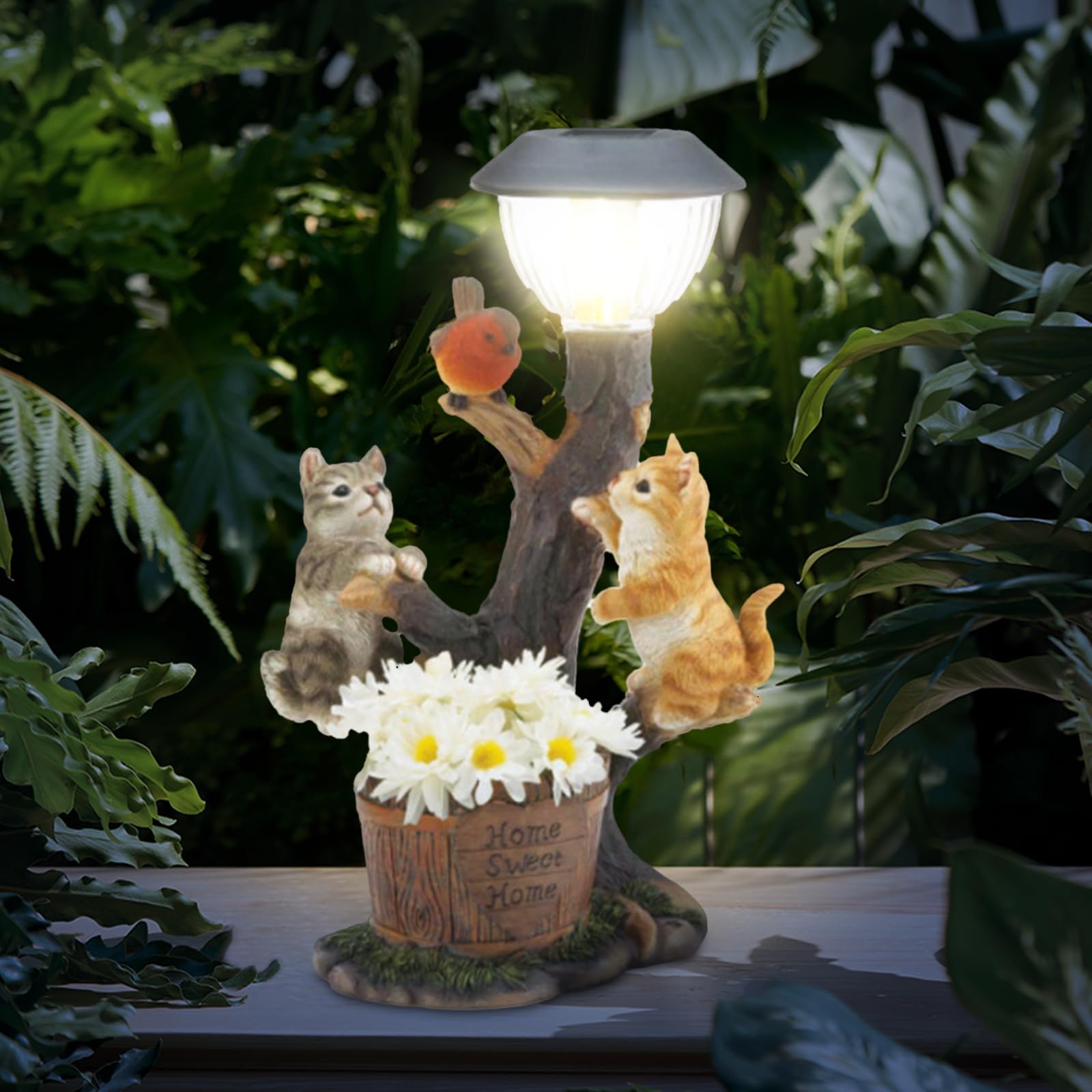 Statue solari da giardino a forma di gatto,statuetta in resina a forma di gatto, cesto di fiori e sfera magica, luci LED solari, decorazione per prato | Leroy Merlin