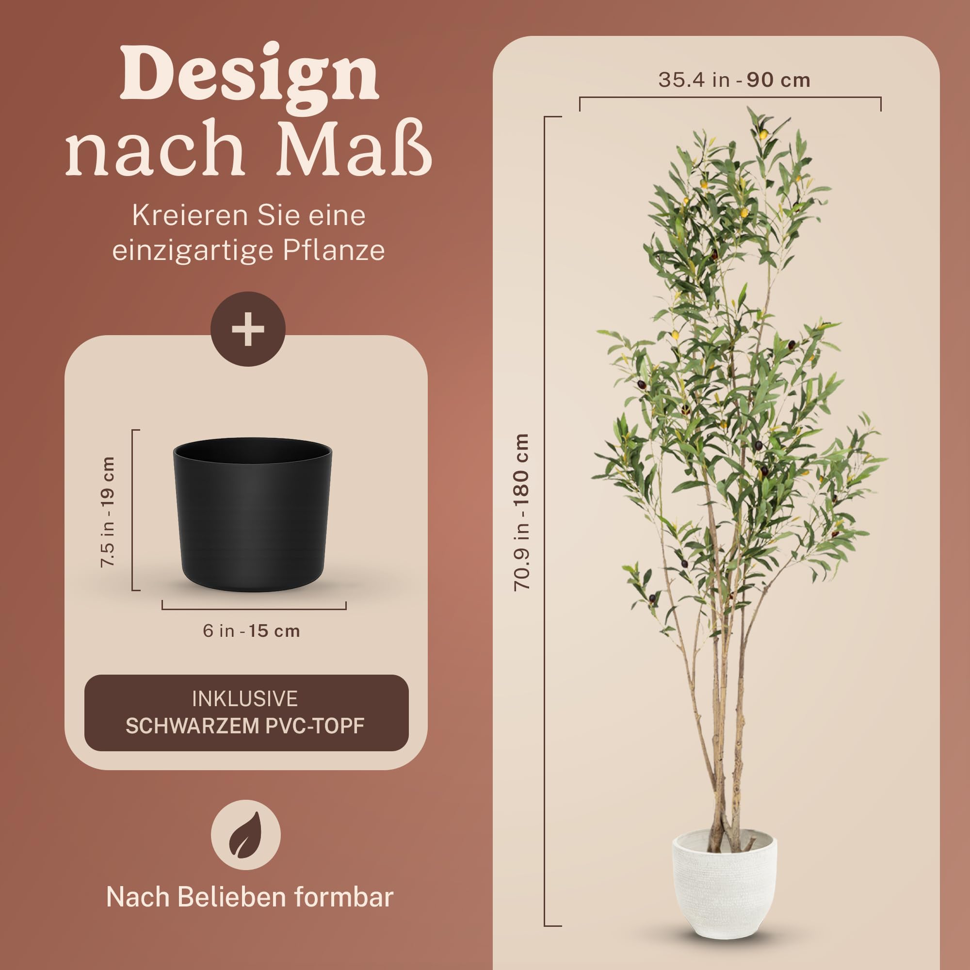 MAIA SHOP Olivenbaum Künstlich Flair 180 cm - Kunstbaum wie Echt | Künstlicher Olivenbaum mit Naturholzstamm und Oliven für Wohnzimmer Flur Büro - Schwarzer Topf Inklusive