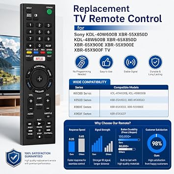 Replacement TV Remote Control for Sony KDL-40W600B XBR-55X850D KDL-48W600B XBR-65X850D XBR-65X900E XBR-55X900EXBR-65X900F TV Model Numbers