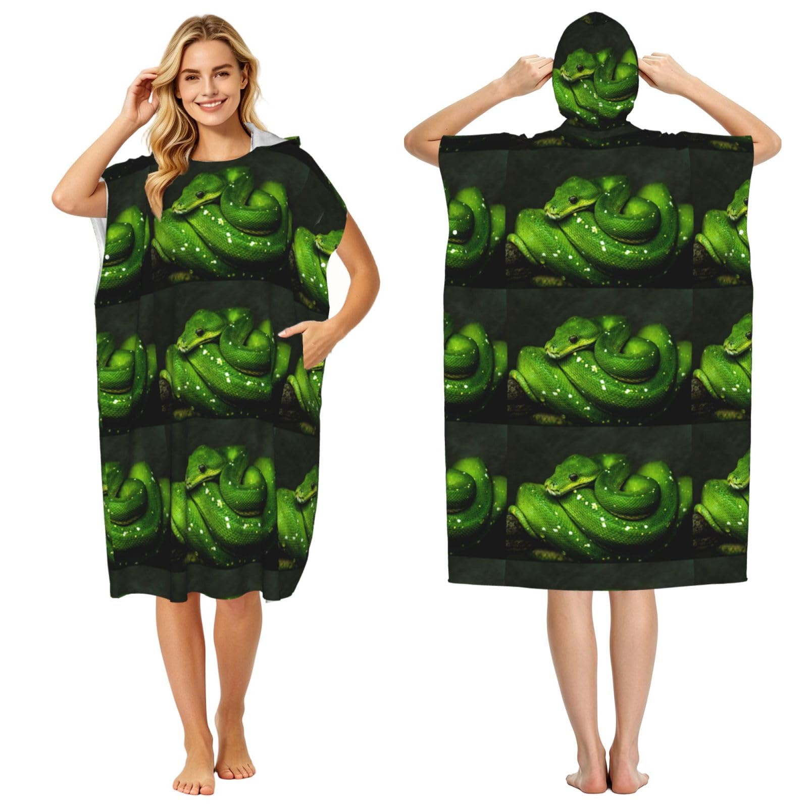 Poadnly Snake Green Reptile, Adult Hooded Beach Towel 90 x 110 cm,Changing Bath Robe, Surf Poncho Towel For Women Men