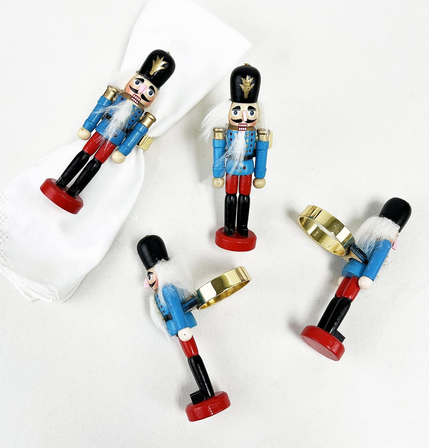 Fennco Styles Handmade Wooden Nutcracker Decorative Napkin Rings, Set of 4 - Blue Festive Soldier Napkin Holders for Dining Table, Christmas, Holidays Décor and Special Occasions