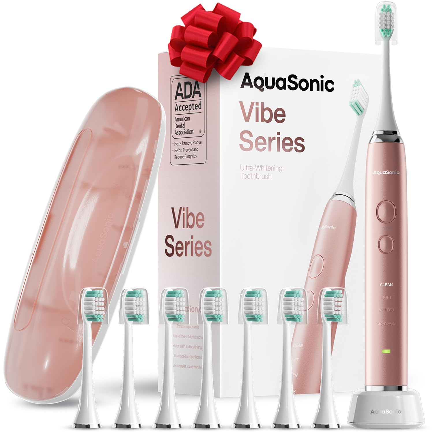 Vibe Series Ultra-Whitening Toothbrush – ADA Accepted Electric Toothbrush - 8 Brush Heads & Travel Case – 40,000 VPM Motor & Wireless Charging - 4 Modes w Smart Timer – Satin Rose Gold