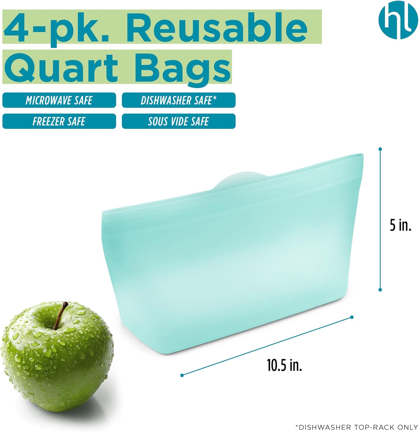 Home Logic Reusable Quart Bags - Set of 4 Pool Blue Silicone Freezer Bags, Airtight Leak Resistant Reusable Zip Bags for Kitchen Home Food Prep, Microwave & Sous Vide Safe