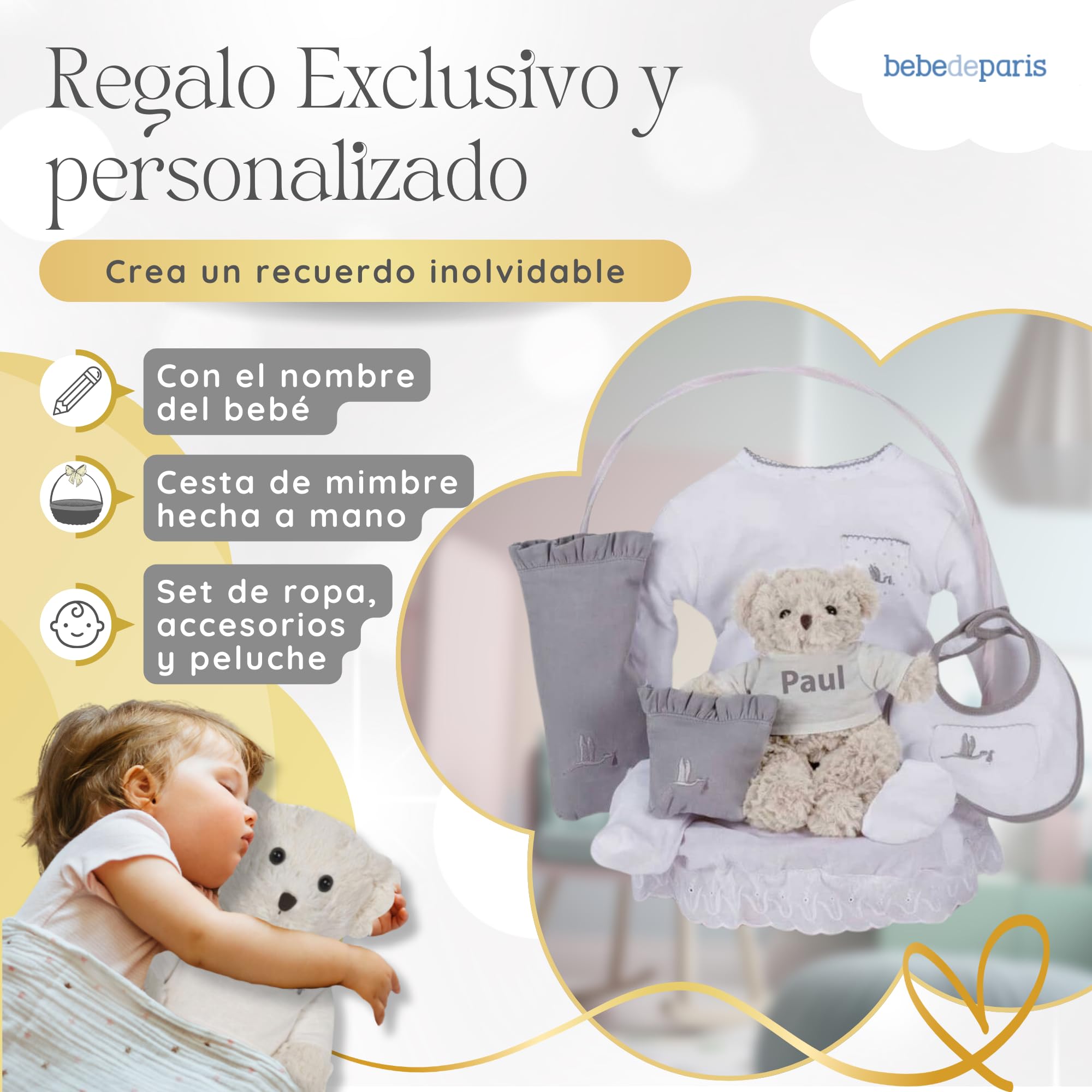Regalos para Bebes Recien Nacidos Personalizados | Canastilla Bebé Clásica Esencial | Caja Estilo Vintage de Regalo Bebé | 3 a 6 Meses (Neutro) | BebeDeParis