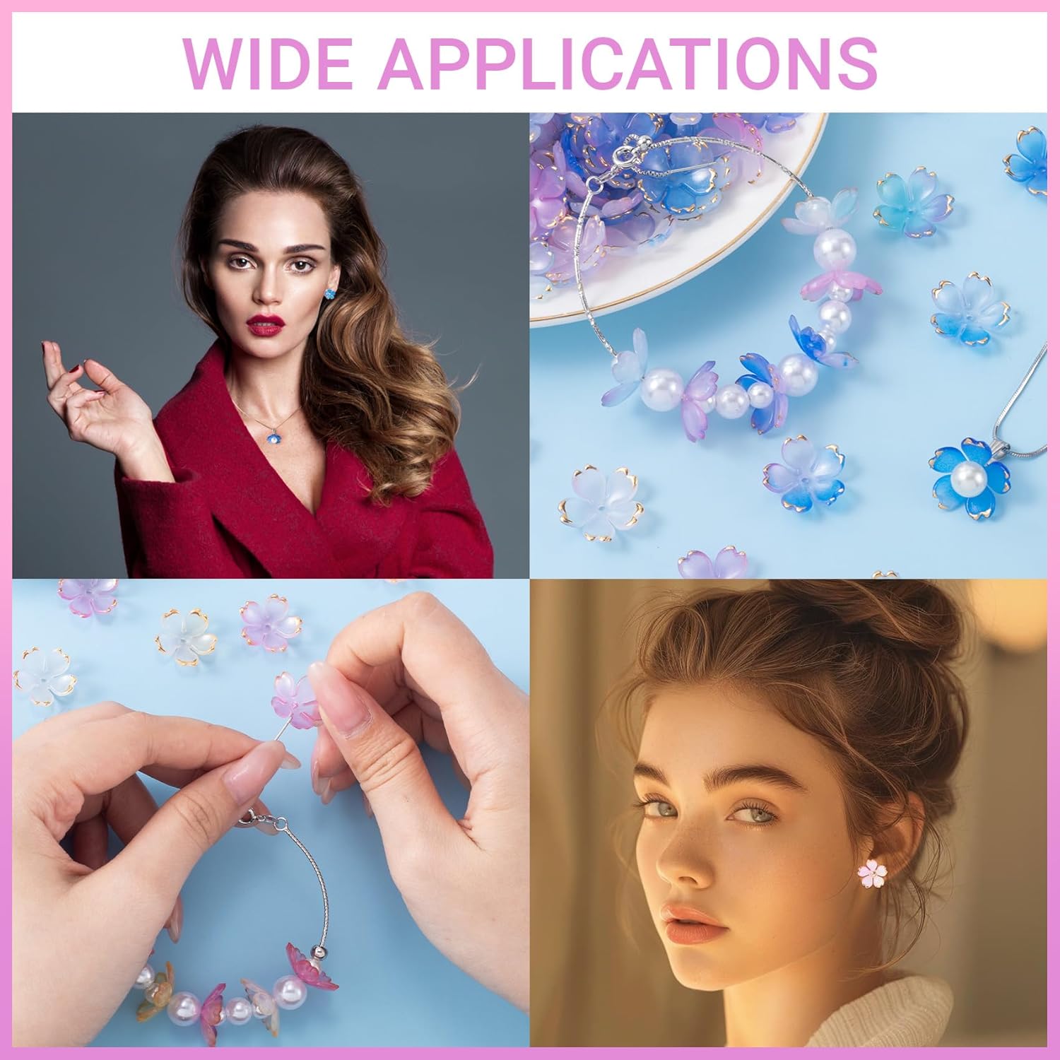 100 Pcs Flower Beads for Jewelry Making, Gold-Plated Flower Charms, Cherry Blossom Beads, Acrylic Floral Beads for Crafts, Bracelets (Multiple Colors) - Image 4