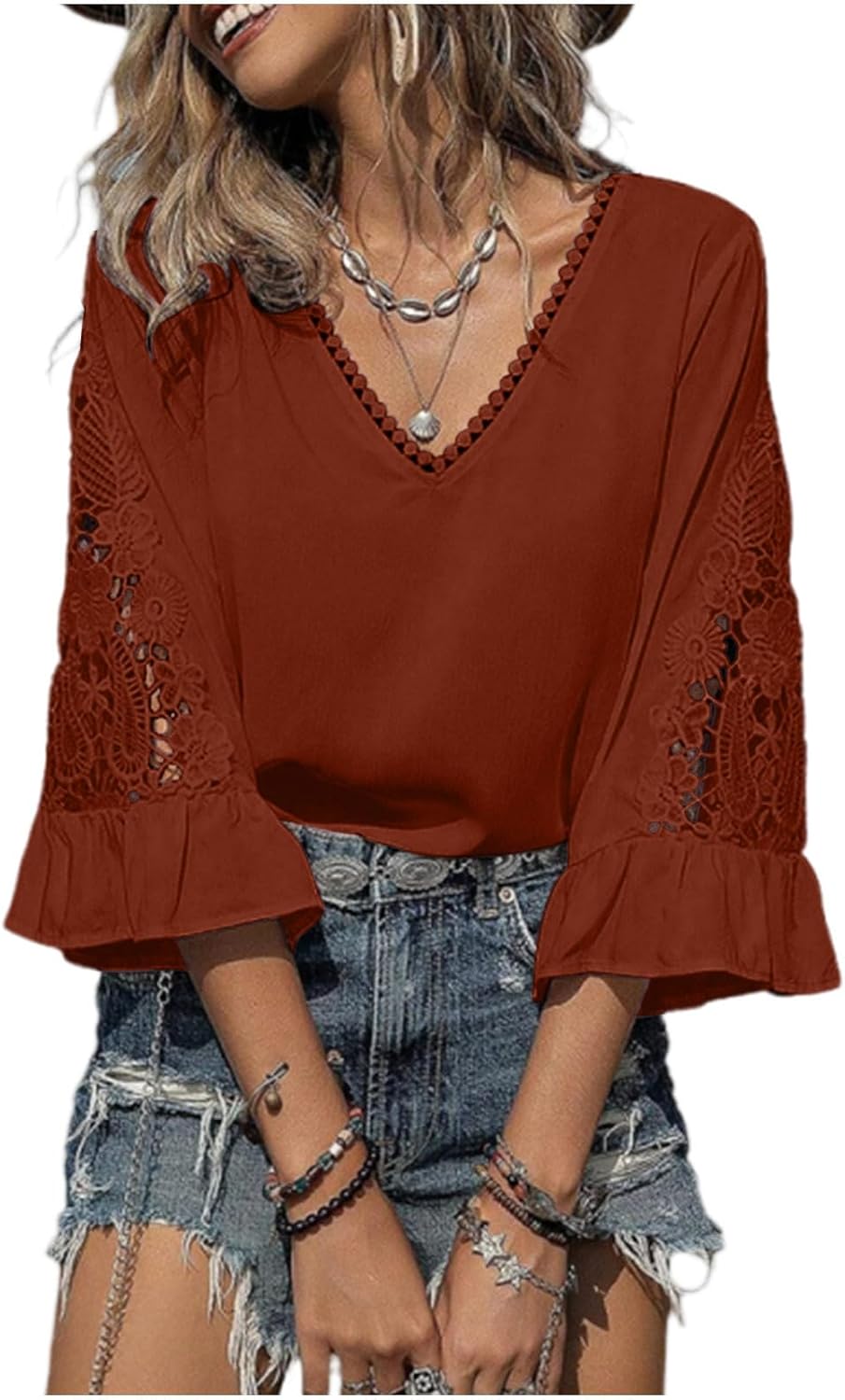 Womens V Neck Blouses Hollow Out 3/4 Length Sleeve Pullover Tops Business Casual T Shirts Spring Summer Outfits