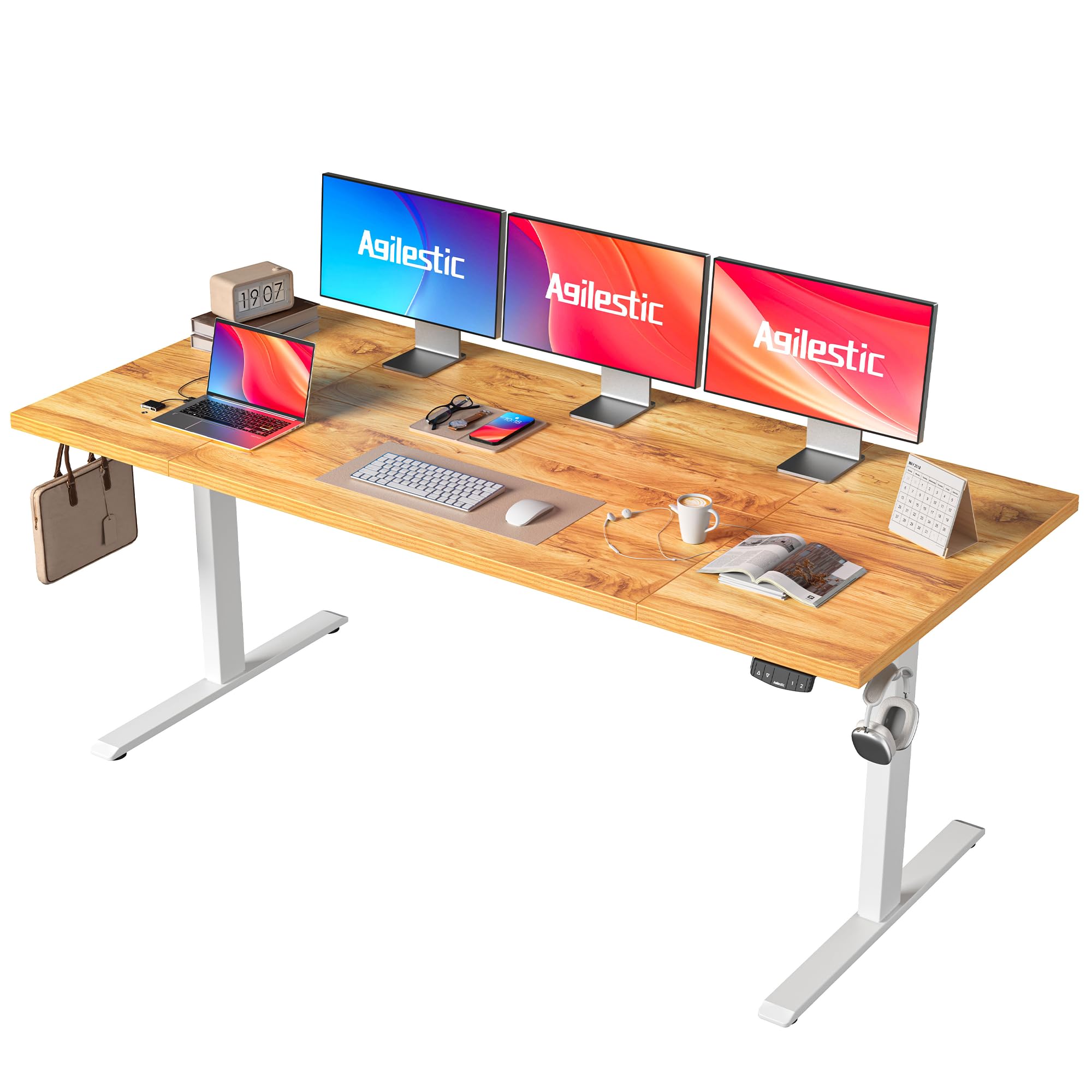 Agilestic Escritorio Eléctrico De Altura Regulable 180 x 80 cm, Escritorio De Pie De Altura Ajustable con Control Manual con Memoria, Escritorio Ergonómico para Computadora, Marrón Claro