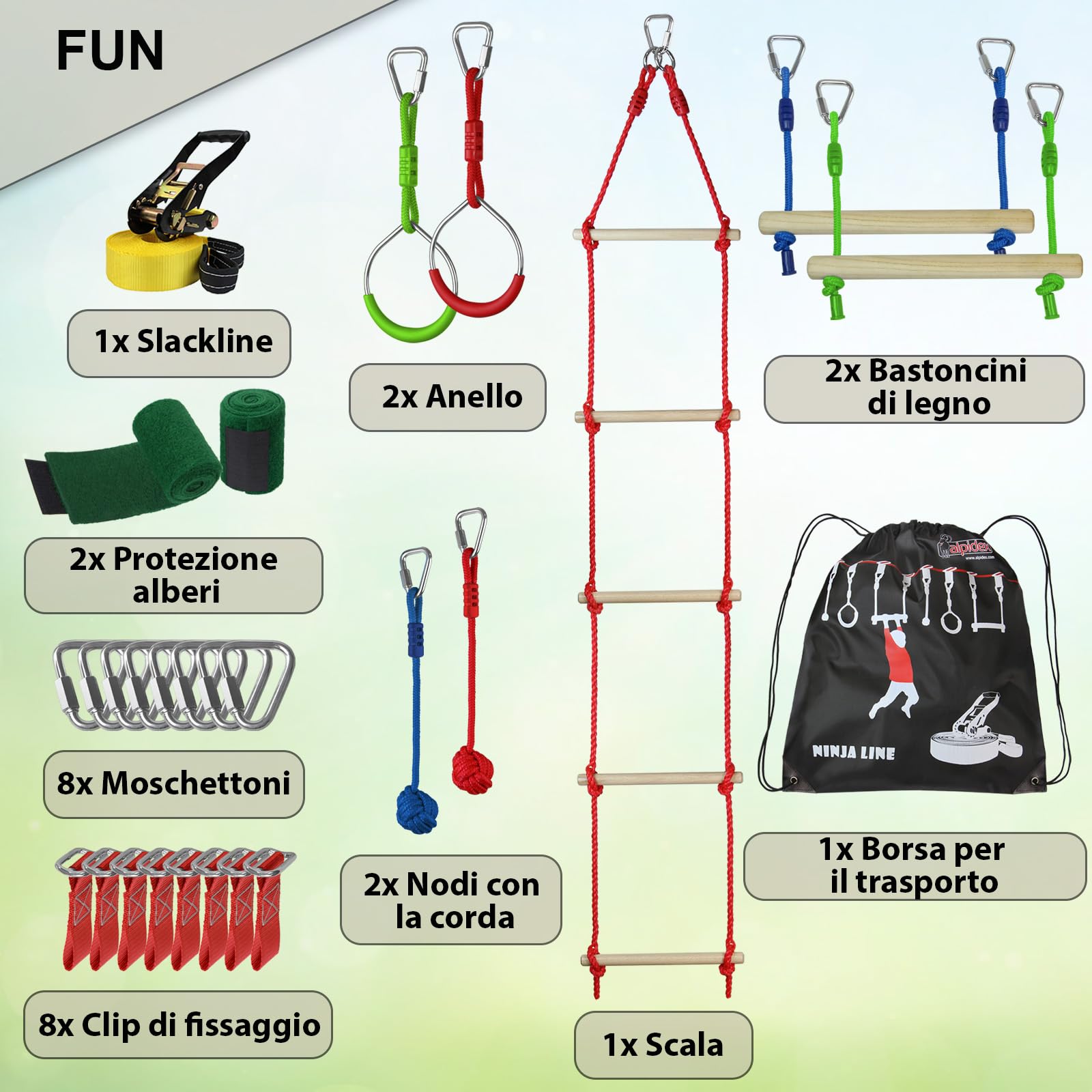ALPIDEX Ninja Warrior Set 15 m Gioco Bambini Slackline Percorso Sospeso Ostacoli Anelli Ginnastica Nodi Corda Altalena Scaletta Accessori