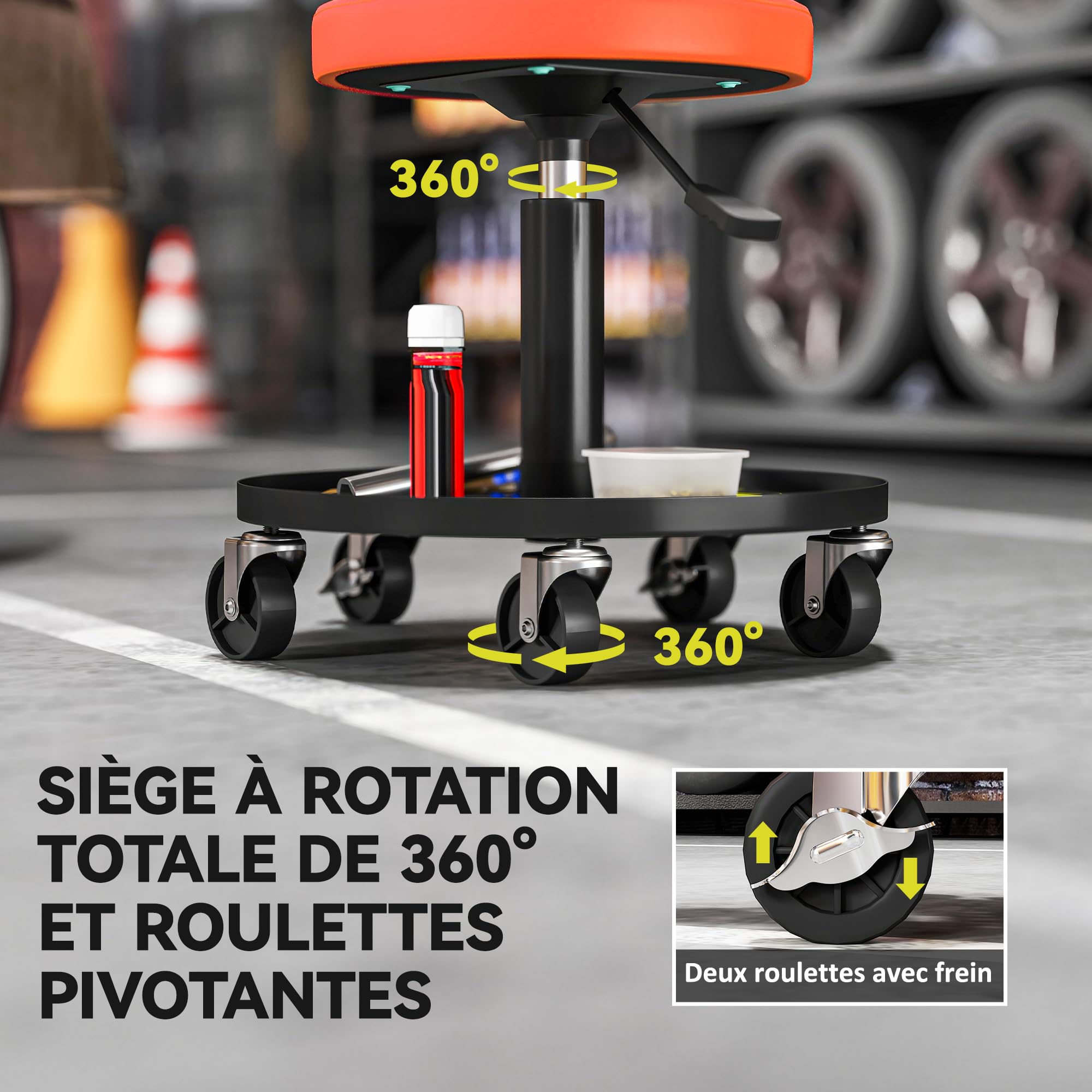 HOMCOM Tabouret d'atelier 5 roulettes 360° Hauteur Réglable 38-50 cm Orange | Tabouret de Mécanicien, Plateau à Outils, Siège d'Atelier pour Garage, Charge Maximale 135 kg