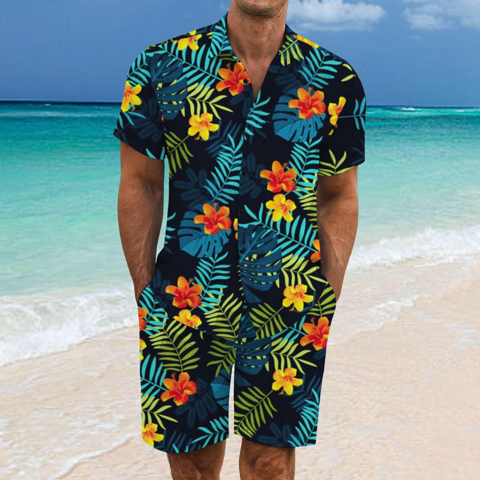 2 Pezzi Uomo Estiva Traspirante in Misto Lino - Completo Stampato e Pantaloncini Tute da Sportivo Completo Leggero Estivo Traspirante Italiana Outift per Vacanza e Tempo