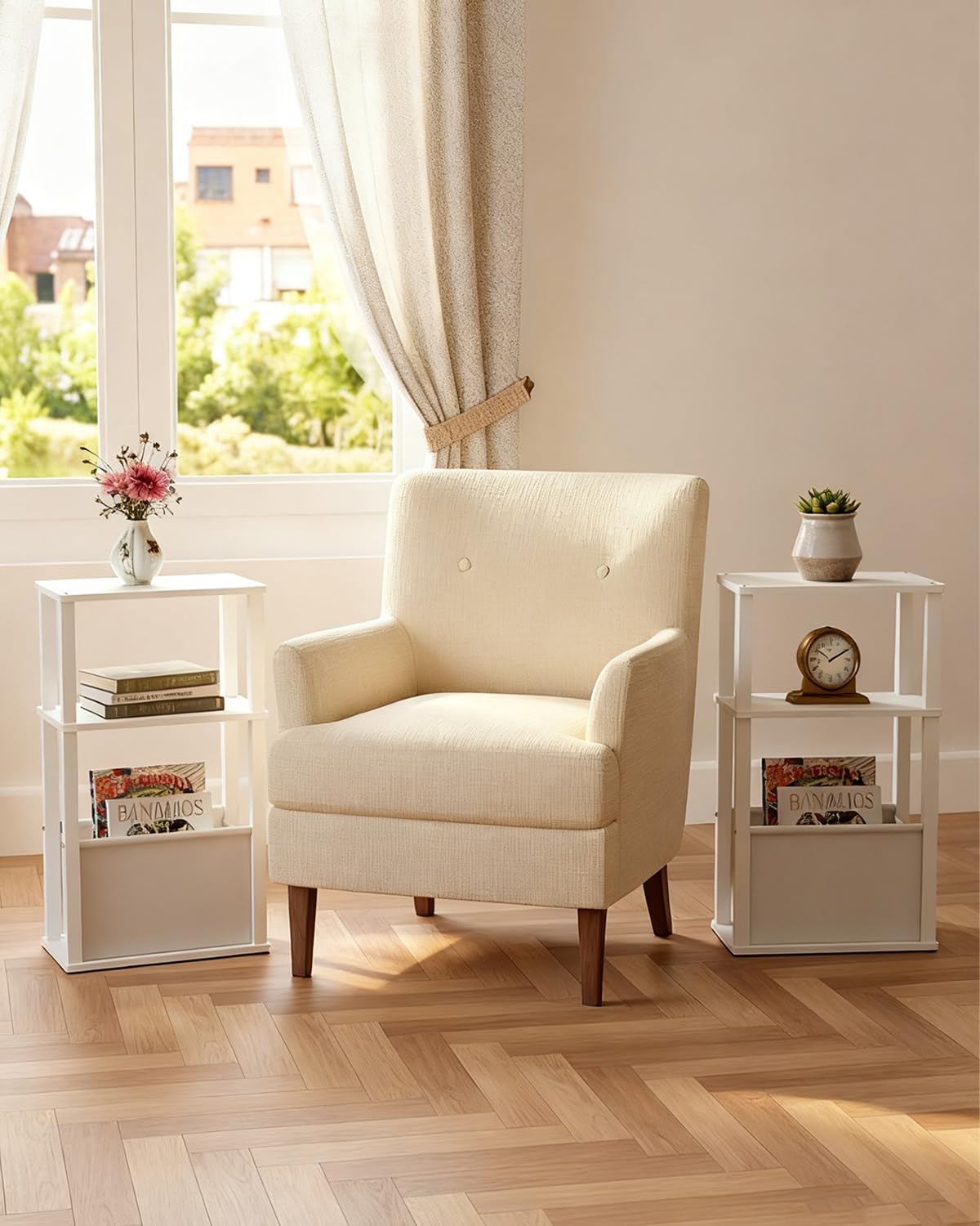 Narrow Wood Side Table, 3-Tier Night Stand with Storage Bag, Skinny Nightstand for Small Spaces, Bedside Table for Living Room, Bedroom, White