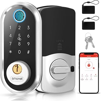 Smart Door Lock Keyless Deadbolt SMONET Smart Locks for Front Door Fingerprint Keyless Entry Electronic Digital Bluetooth Key Fob Code APP Touch keypads Compatible with Alexa