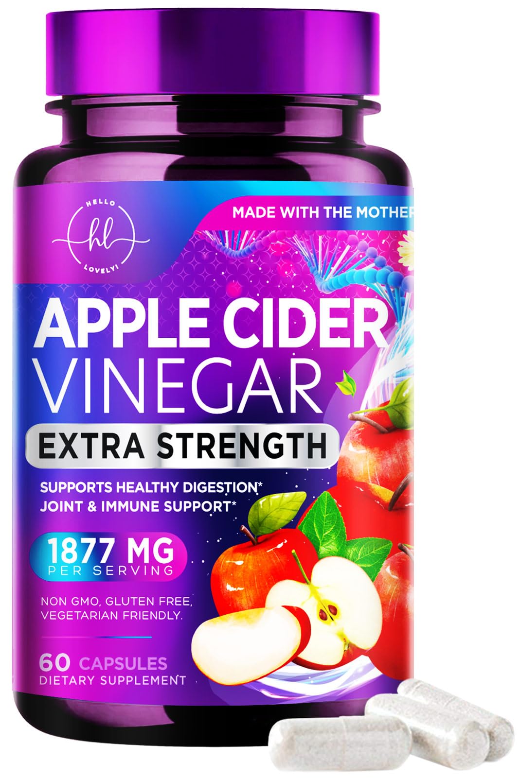 Apple Cider Vinegar Capsules 1877mg Per Serving - Extra Strength ACV Pills with Vitamin D3 - Apple Vinegar Supplement Sourced from The Mother for Digestion & Immune Support, Bottled USA - 60 Capsules 60 Count (Pack of 1)