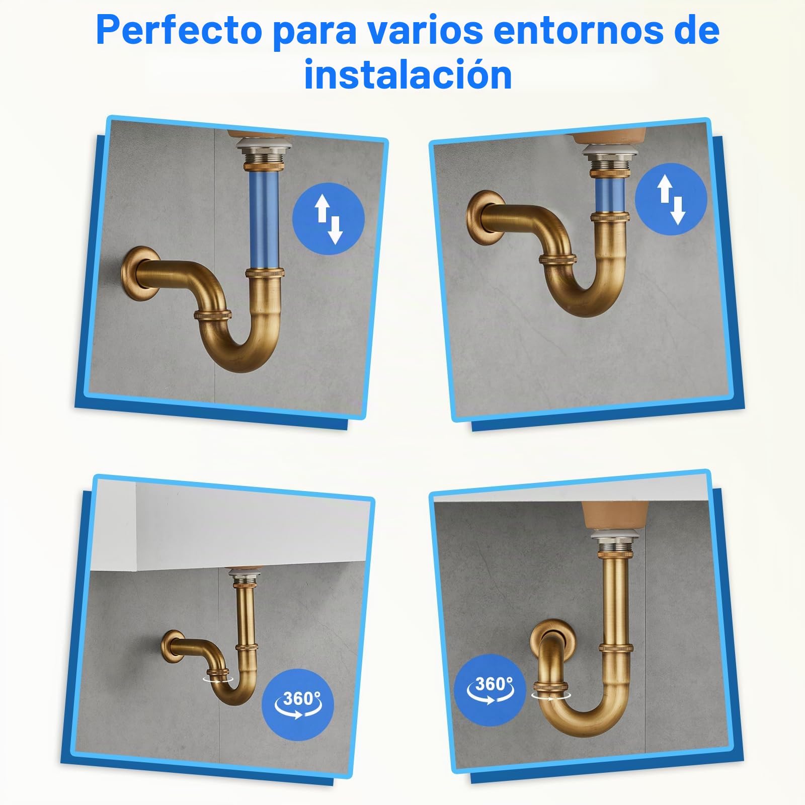 Trampa P de acero inoxidable de 1 1/4 pulgadas x 32 mm, universal para lavabo y lavabo, altura ajustable, trampa de olores, tubo de drenaje de latón envejecido con acabado cepillado