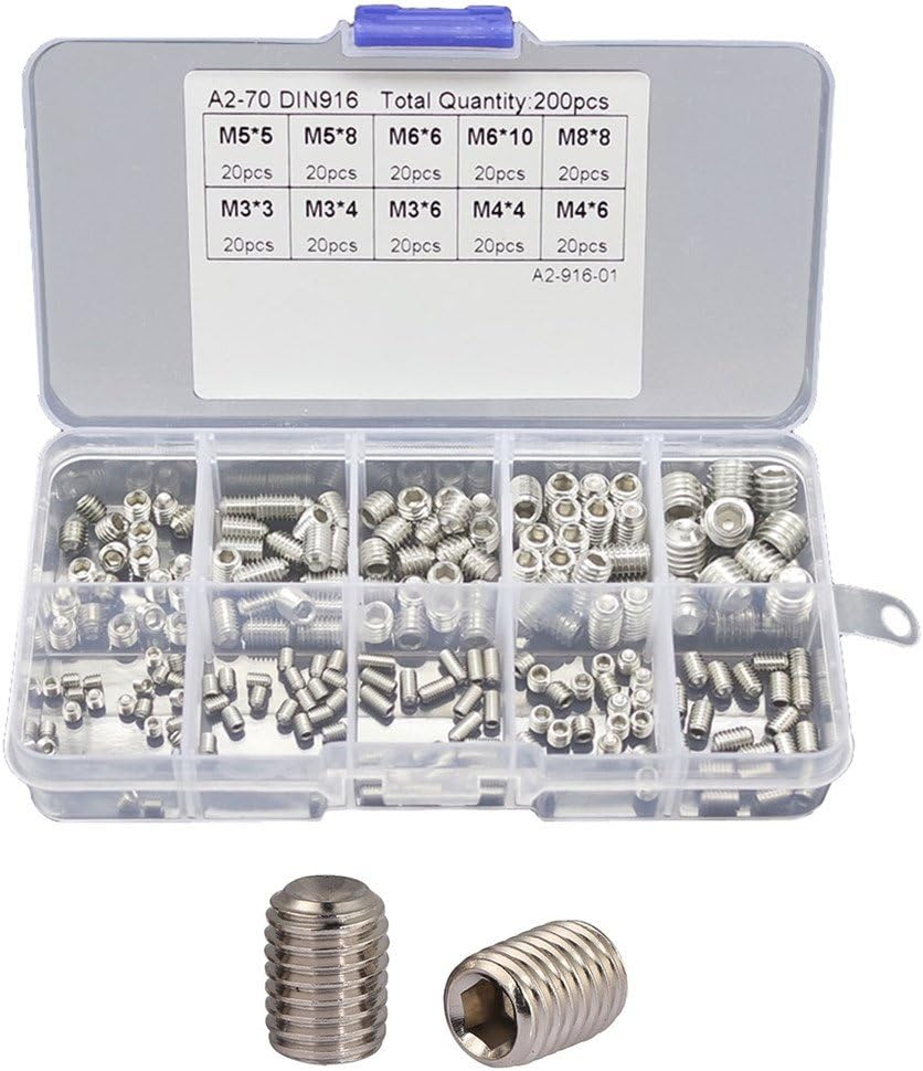 Adiyer 200 Pcs M3 M4 M5 M6 M8 Internal Hex Drive Socket Set Screw Assortment Kit, Cup-Point, 304 Stainless Steel