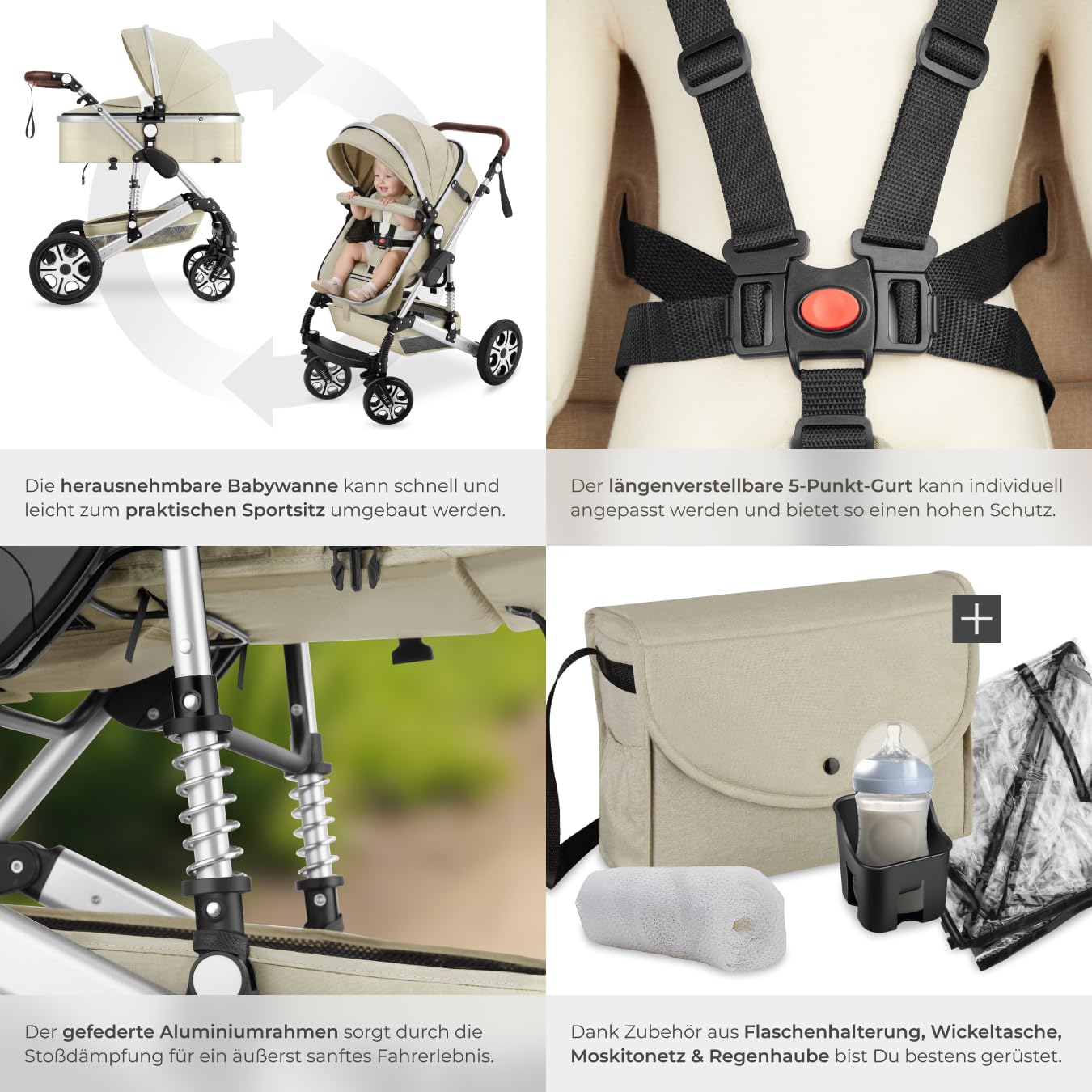 tectake 2 in 1 Kinderwagen klappbarer Buggy mit Liegefunktion Grau Beige