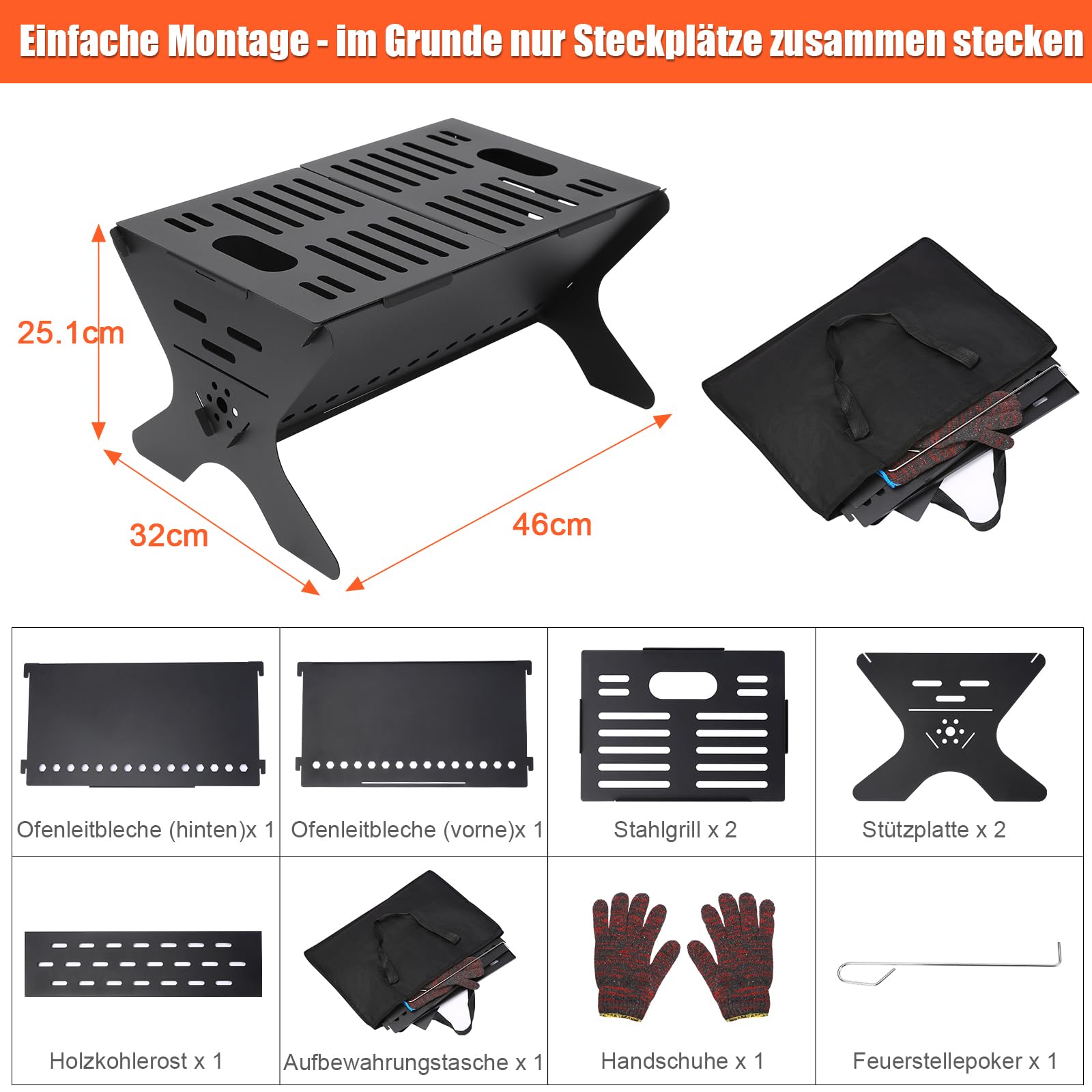 GFTIME Premium Outdoor Feuerstelle Tragbare, klappbare Feuerstelle mit Kohlerost für Camping, Terrasse & Garten, inklusive Tragetasche & Handschuhe (46 x 32cm)