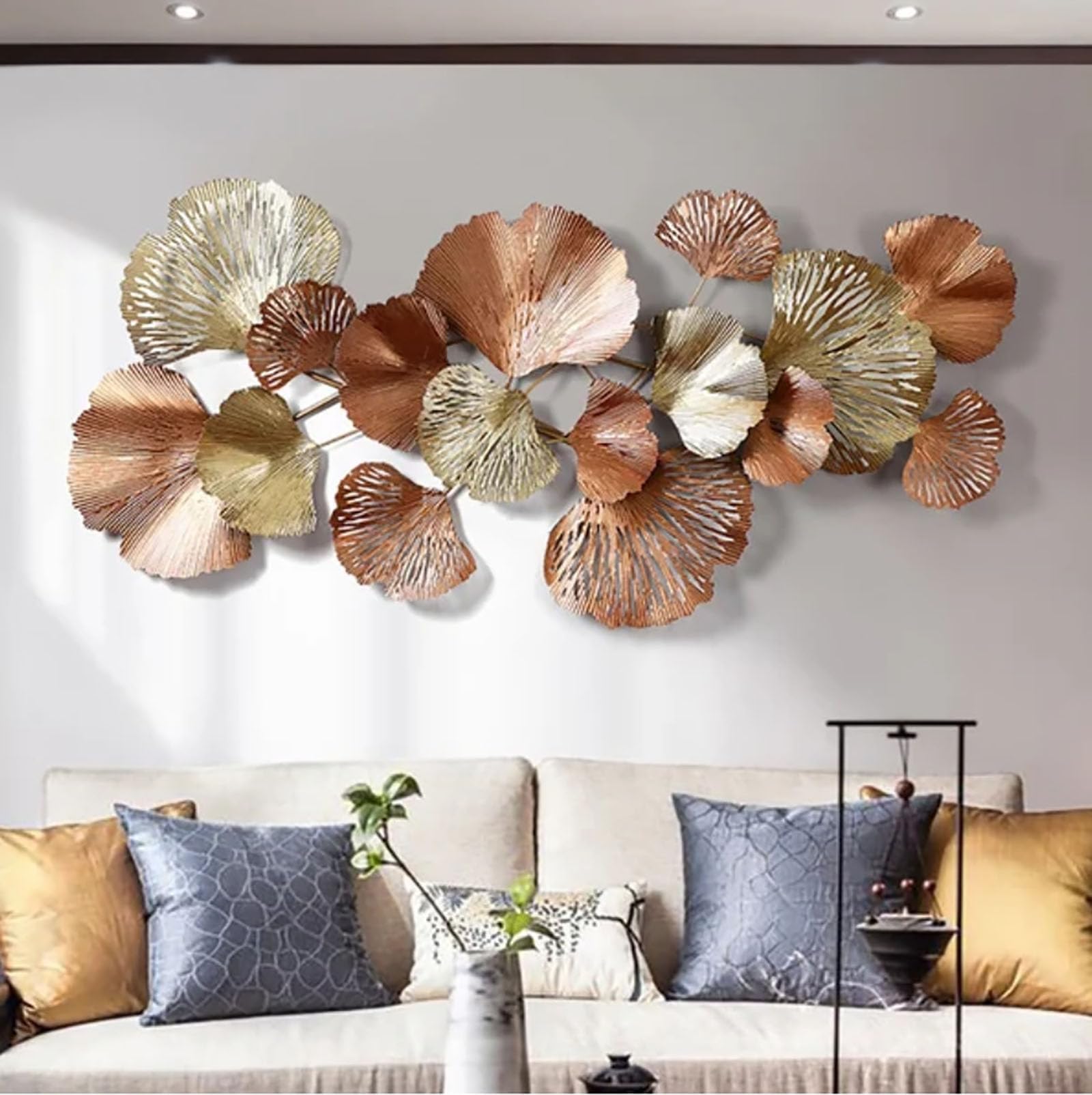 SYLUOQP Metal Wall Art Sculpture, Wall Art Decor, Brown Ginkgo Leaves, Modern Luxury Metal Wall Decoration for Living Room