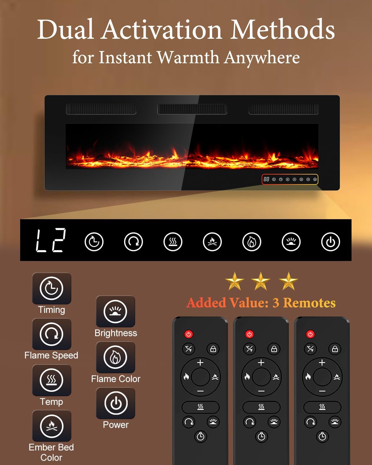 60" Electric Fireplace Insert| Wall Fireplace Electric with 3 Remote Controls |36 Custom Flame Effects — 6 Flame Speed＆6 Brightness Levels |225 Color Combinations |Fireplace with 12H Timer |750-1500W