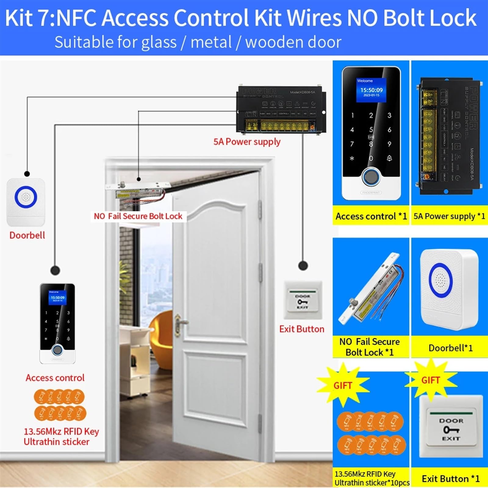Zestawy systemów kontroli dostępu do zamka drzwi z ekranem o przekątnej 1,77 cala Klawiatura Bluetooth Odcisk palca Czytnik kart RFID IC Metalowa klawiatura dla Bezpieczeństwa Elektrycznego(KIT6)