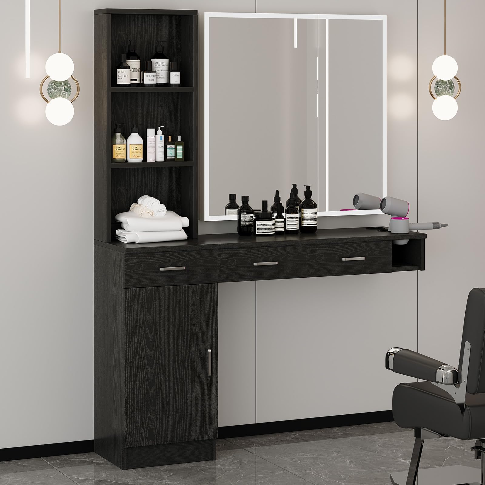 Salon Stations for Hair Stylist, Wall Mount Barber Station with Barber Cabinet, Hair Station Equipment Hair Dryer Holder, Drawers, Storage Cabinet for