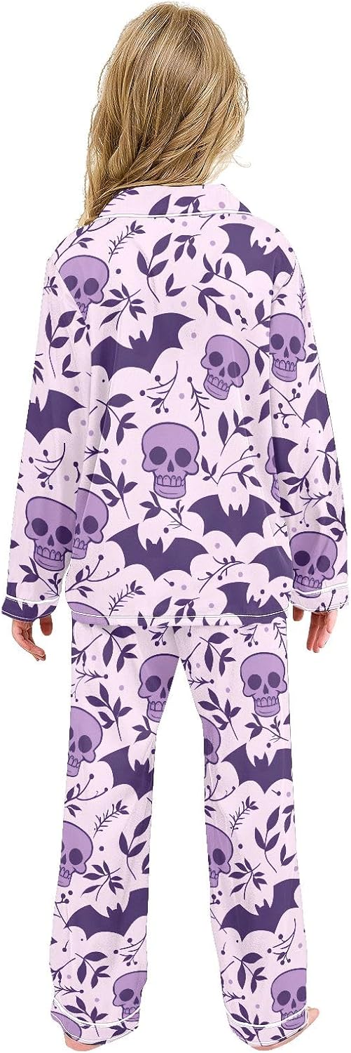 Kids Casual Satin Wear Set Skull Bat Leaf Purple Pattern Unisex Relaxed Fit Clothing