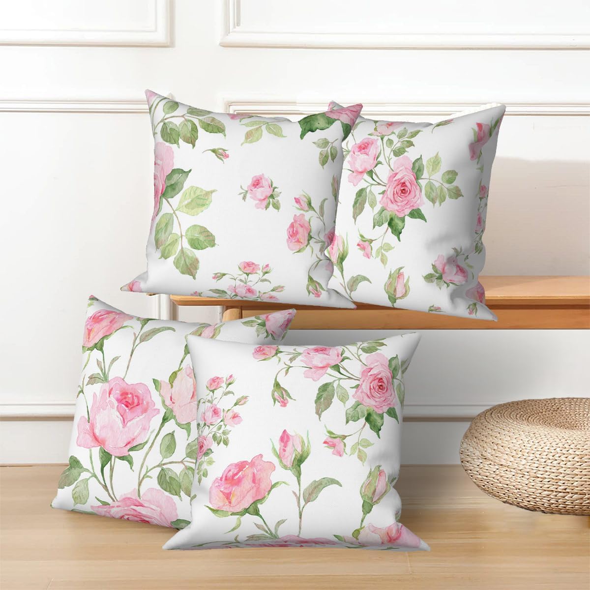 Pink Roses Throw Pillow Covers Blooming Floral Set of 4 Vintage Countryside Small Flower Green Leaves Linen Square Pillowcases for Couch Sofa Bedroom Patio Farmhouse Chair 20x20 Inch