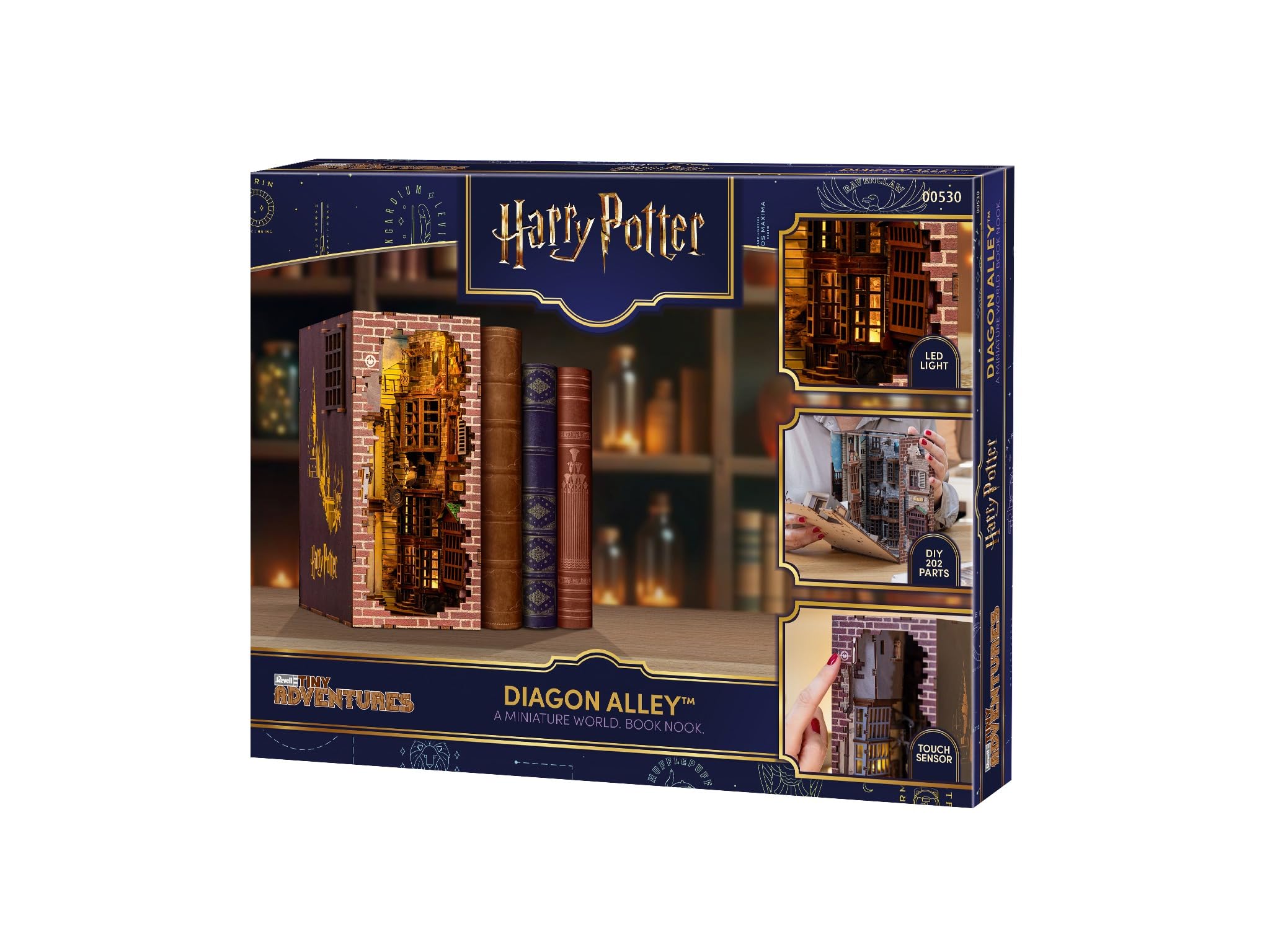 Revell Modellbausatz Tiny Adventures I Diagon Alley Harry Potter I 3D Miniaturhaus I Book Nook Holz Buchstütze I Geburtsagsgeschenk für Fans I Buchstütze Harry Potter