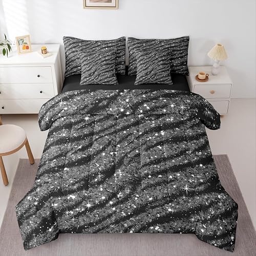 jejeloiu Zebra Stripes Comforter Set Queen Size 7 Pieces Glitter Leopard