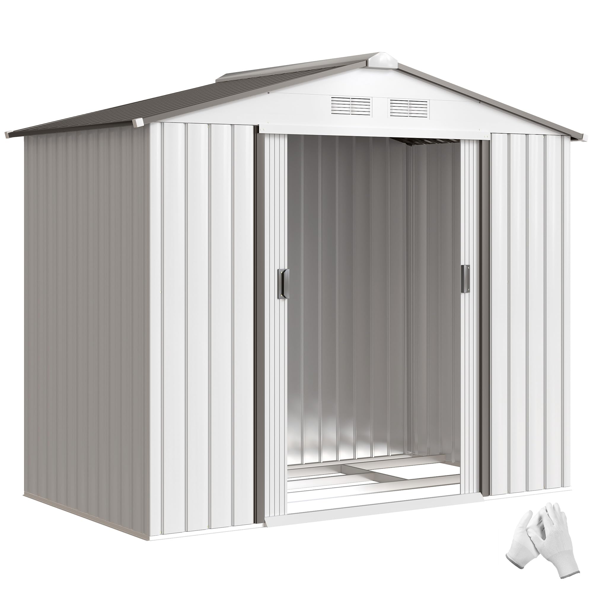 Outsunny Caseta de Jardín Exterior, 2,​5 m² 213x130x185 cm, Cobertizo de Jardín Exterior Metálico con 2 Puertas Correderas, Base Refuerzo (Suelo NO Incluido) y 4 Ventanas, Blanco