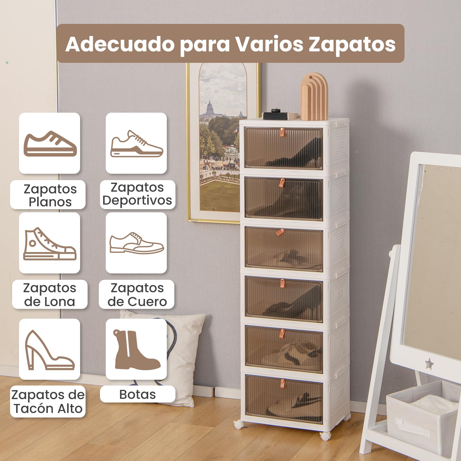 COSTWAY Cajas para Zapatos Plegable de 3/4/6 Niveles, Cajas Almacenaje Zapatos con Puertas Magnéticas Transparentes/Ruedas Universales Bloqueables, Caja Zapatero Plástica (6 niveles)