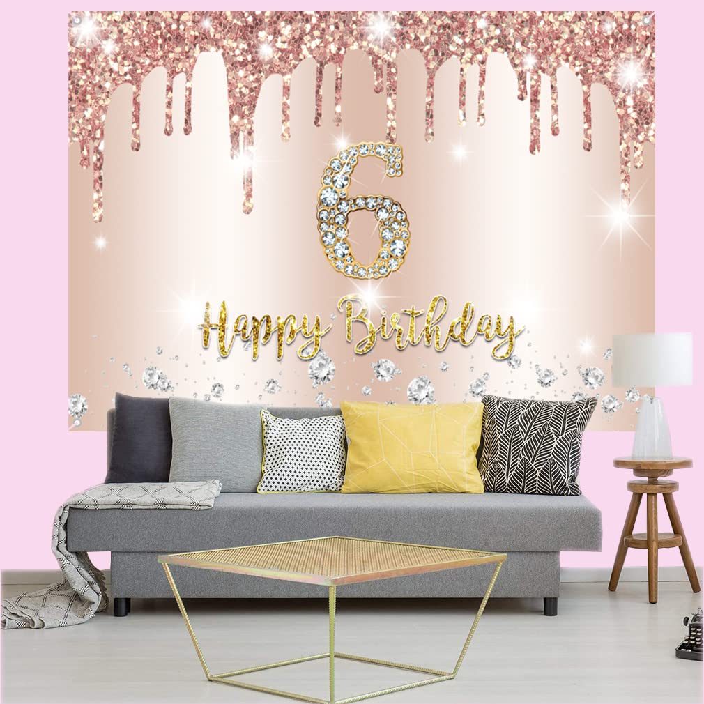Happy 6th Birthday Banner – Roségold, 150x90 Cm, Vinyl, Mit Glitzer-Design Für Mädchen-Party