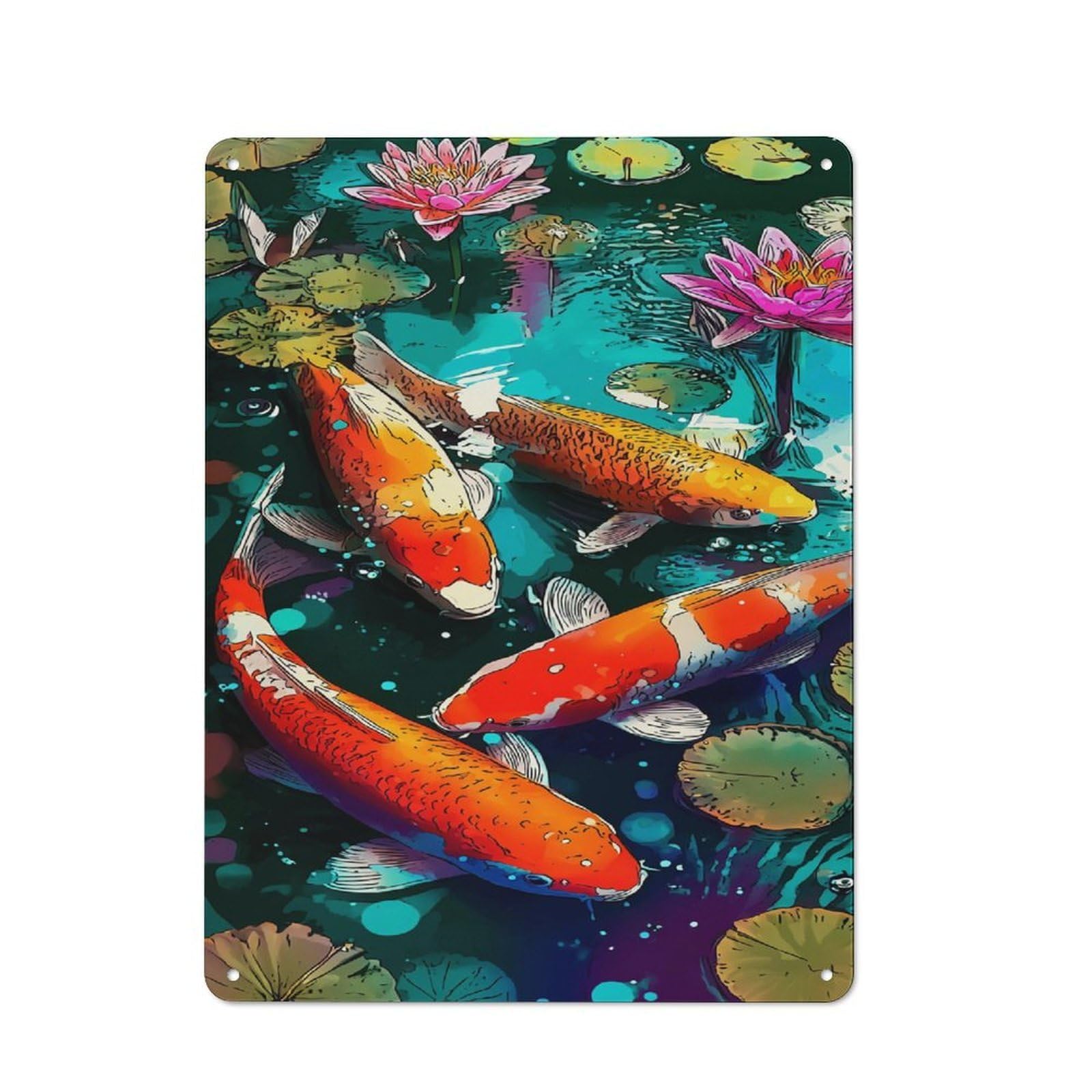 Junmoney Colorful Koi Fish Pond-3 Classic Metal Wall Decor 40X30cm, Decorative Tin Plaque For Cafe, Pub, Workshop Or Home Bar