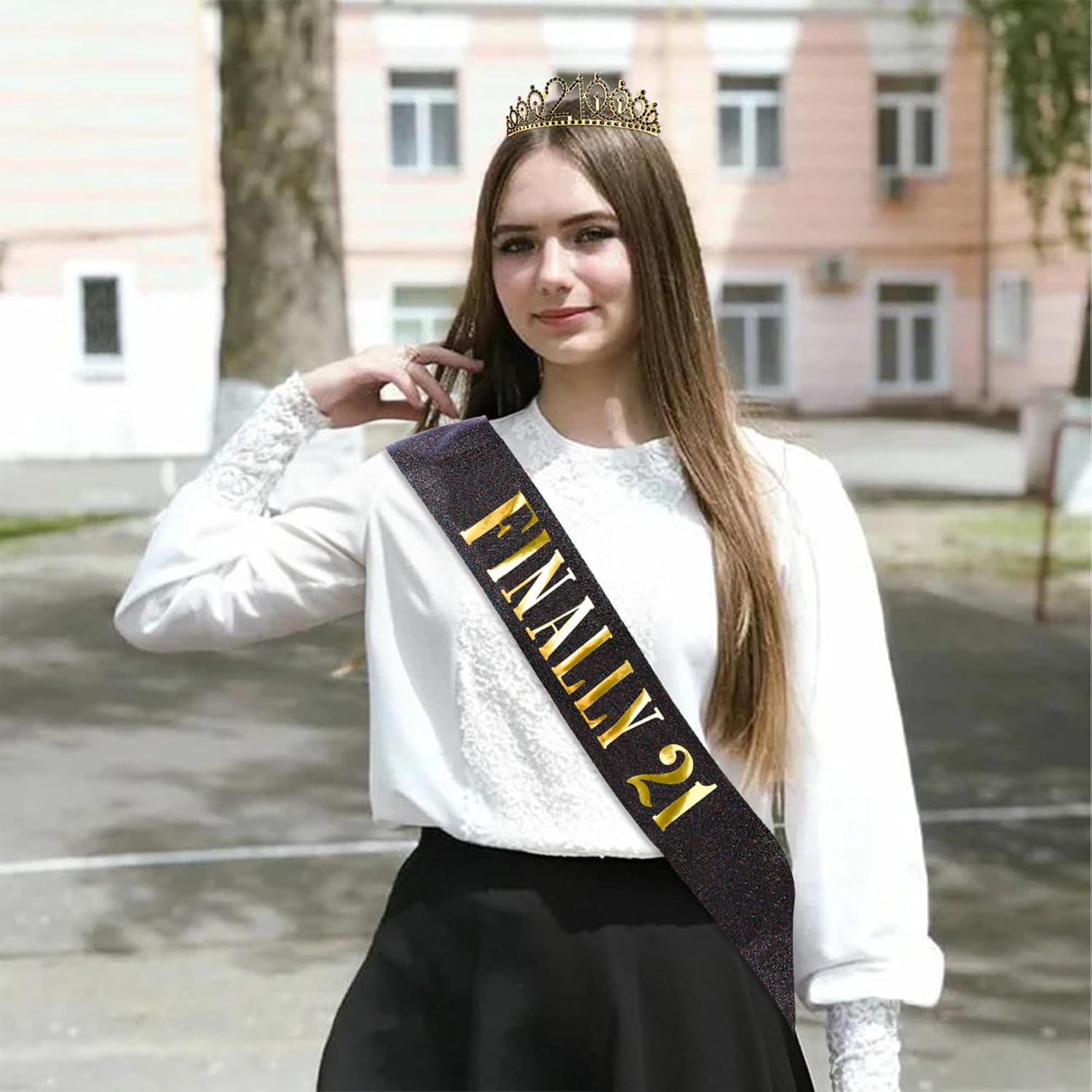 21st Birthday Crowns and Sash for Women, Princess Tiara Sash Set Elegant Black Crown with Combs for Girls, 21st Birthday Decorations for Her Party Hair Accessories Gifts - Image 3