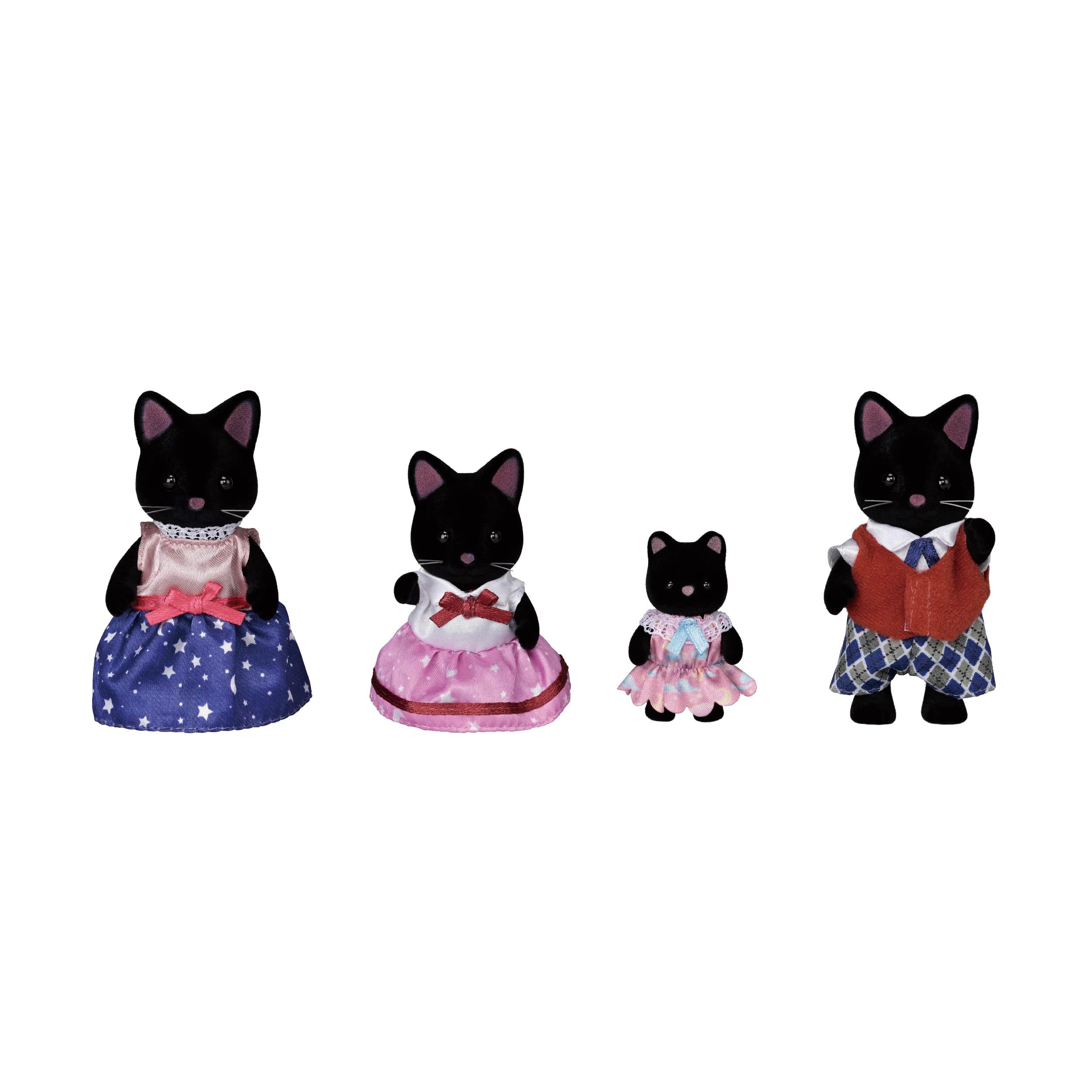 Midnight Cat Family - Collectible Dollhouse Figures | Sleek raven-coated flocked felines with removable outfits - a poseable family for mysterious, magical story time, Ages 3+