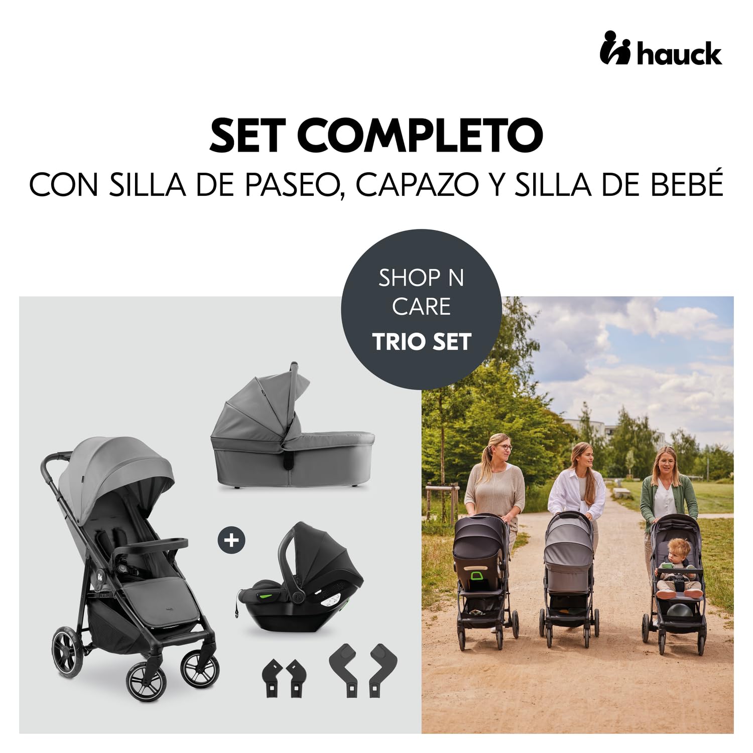 hauck Carro Bebe 3 Piezas Shop N Care Trio Set - Set de Carrito 3 en 1 con Cochecito, Silla de Coche y Silla de Paseo desde el Nacimiento hasta 22 kg, Compacto, Reclinable, Protección UV 50+ - Gris