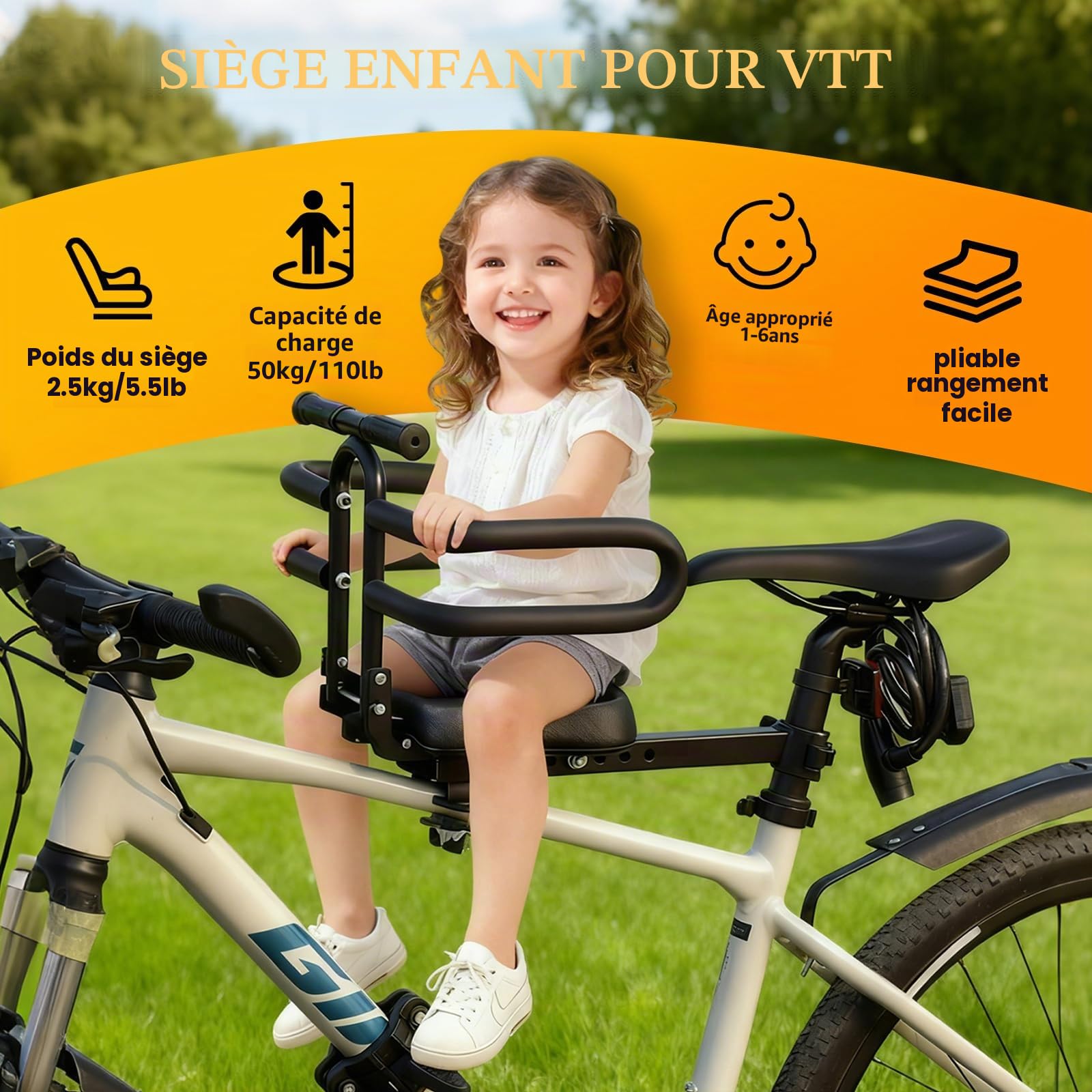 auvstar Siège Vélo Enfant Avant, Selle Avant pour Enfant avec Repose Pieds Pliable, pour Bicyclette VTT Vélo Ville, Siège Enfant Fixation Rapide 1-6 Ans