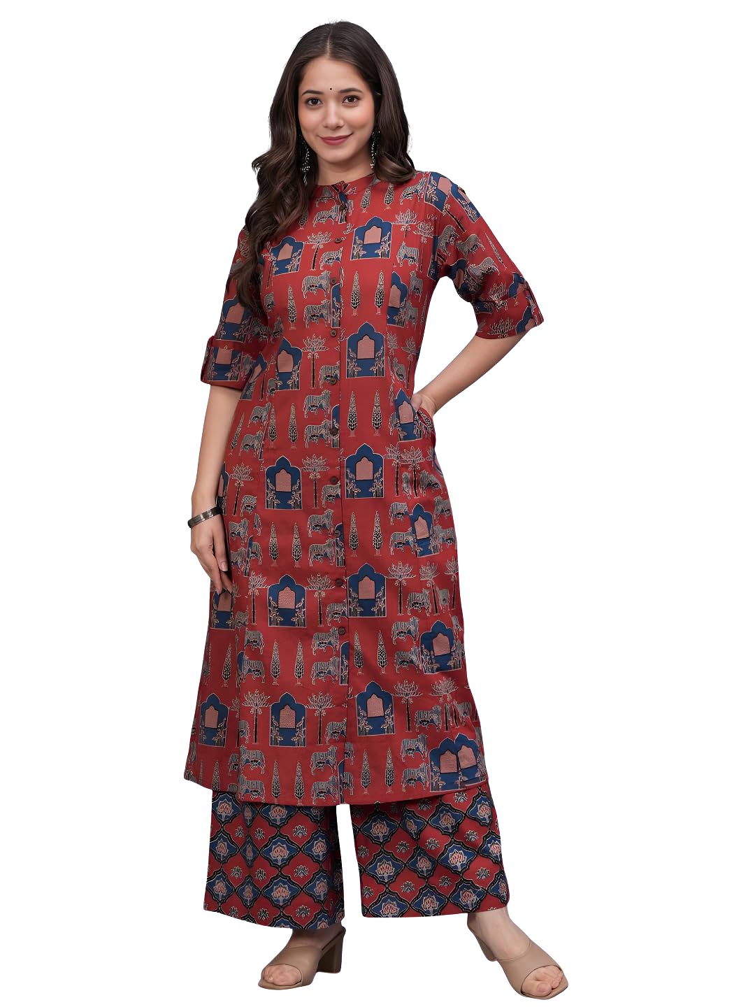 Leriya Fashion Women Printed Kurta Set with Palazzo Pants | Straight Kurta with 3/4 Sleeves | Ethnic Jaipuri Kurtis Palazzo Set for Women | Kurti for Daily Office & Casual
