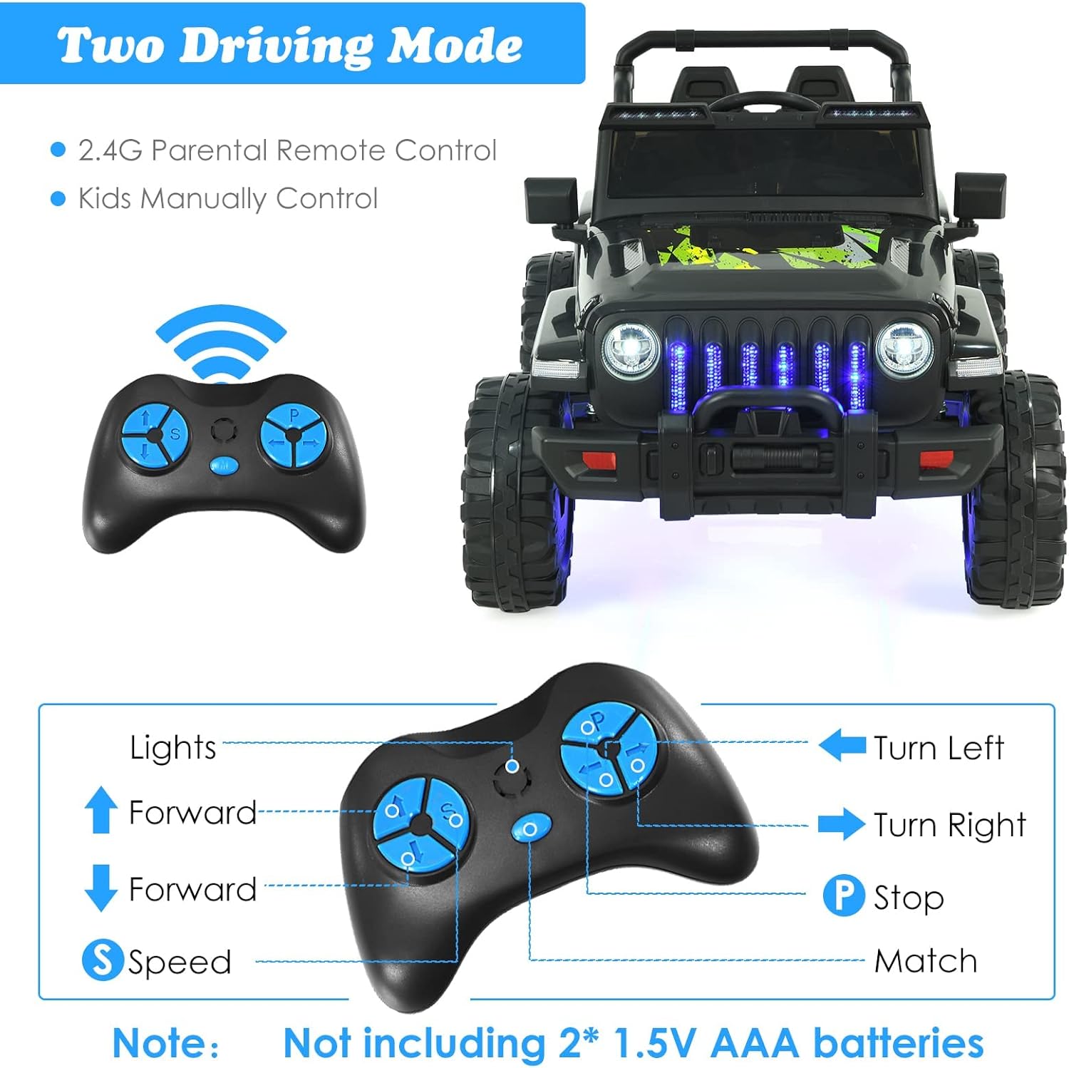 OLAKIDS Kids Ride on Truck, 12V Electric Vehicle with Remote Control, Battery Powered Toddler Car with Music, Horn, 3 Speeds, LED Lights, Bluetooth, USB, Radio (Dark Black)