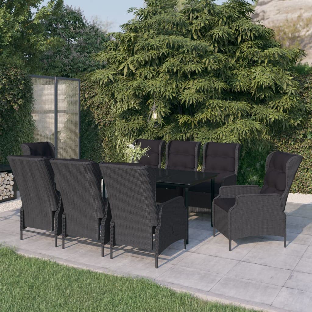 Juego de 9 muebles de jardín de polirratán gris oscuro con 1 mesa de cristal de 200 x 100 cm y 8 sillones de jardín ajustables, incluye cojines para jardín y terraza