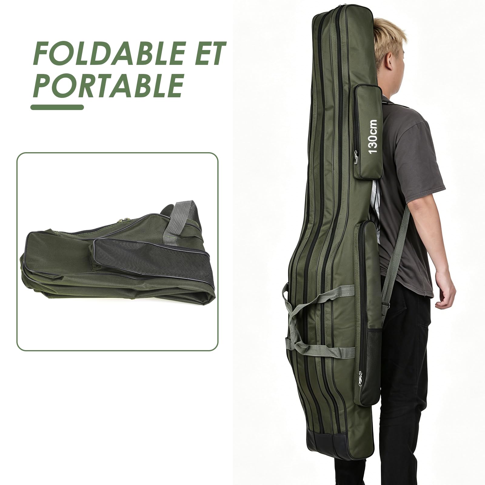 Sac de pêche pour Cannes avec boîte de Rangement, 80 cm/100 cm/130 cm/150 cm, Housse de Transport 3 Compartiments avec bandoulière, Pliable et imperméable, pour pêche en extérieur