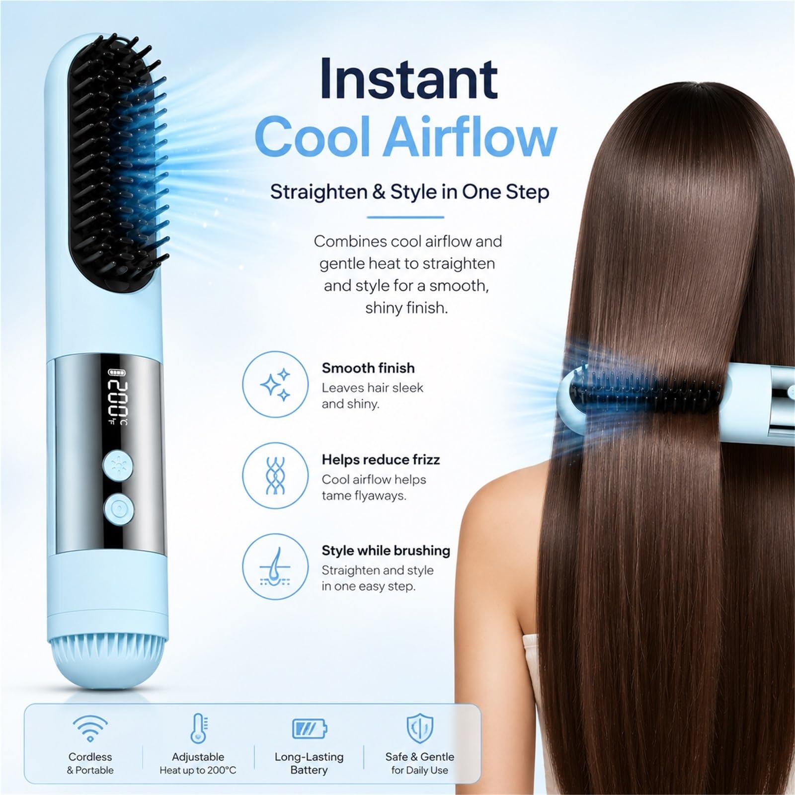 Cepillo Alisador de Pelo Inalámbrico Mini Peine Alisador Portátil con Flujo de Aire Frío Calentamiento Rápido 30s Pantalla LCD y Batería Recargable para Viajes
