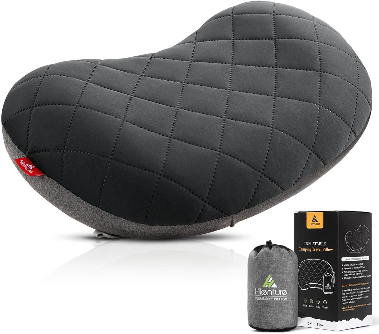 HIKENTURE Camping Pillow for Adults-Ultralight Inflatable Pillow with Removable Cover- Anti-slip Comfortable Blow Up Pillow-Compressible Beach Pillow-Air Travel Pillow for Neck & Lumbar Support(Grey)