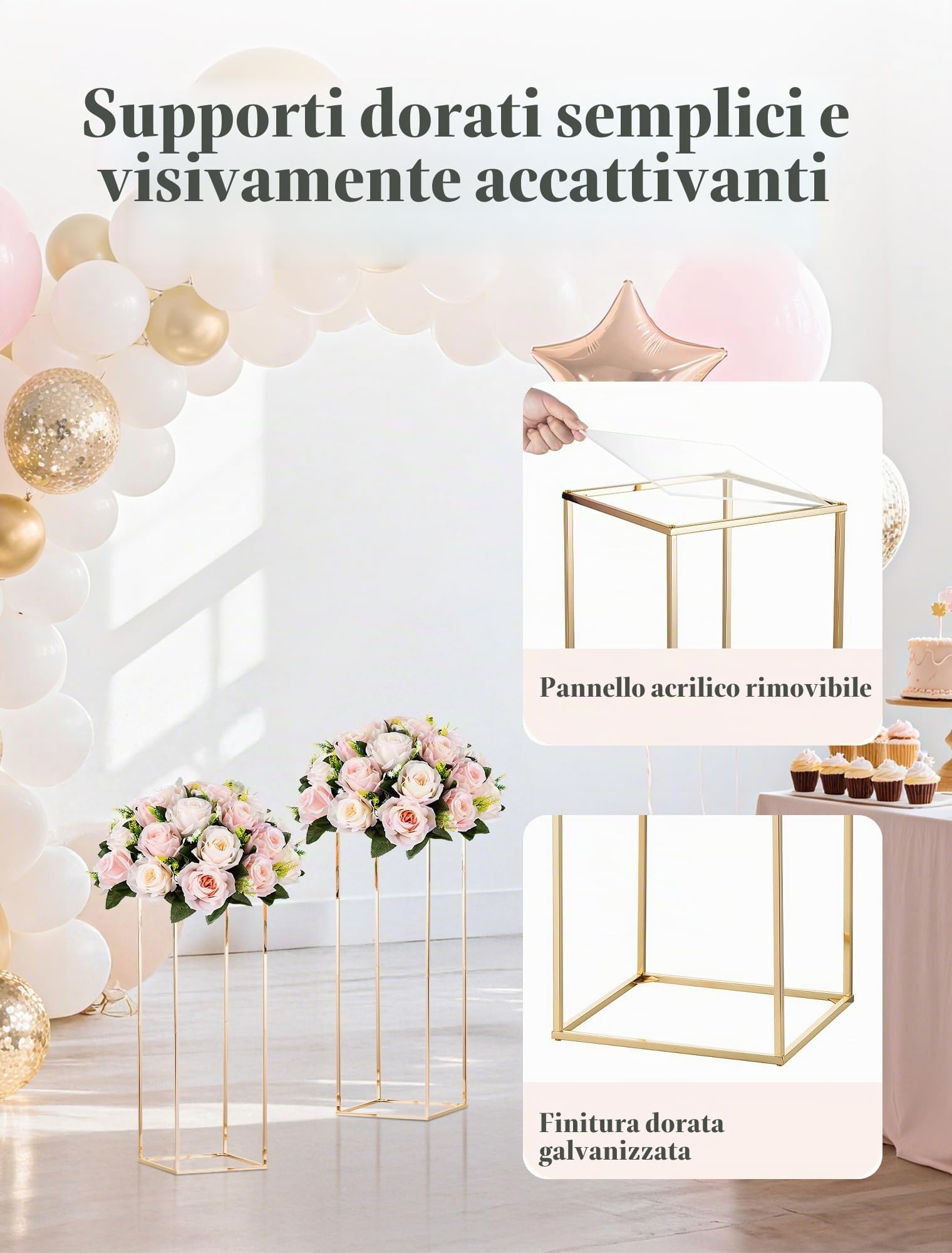 Portafiori Oro per Matrimoni con Pannello in Acrilico, 80cm, 2 Pcs | Colonna Geometrica in Metallo, Vaso Alto per Compleanni, Composizioni Floreali, Feste & Decorazioni per il Soggiorno