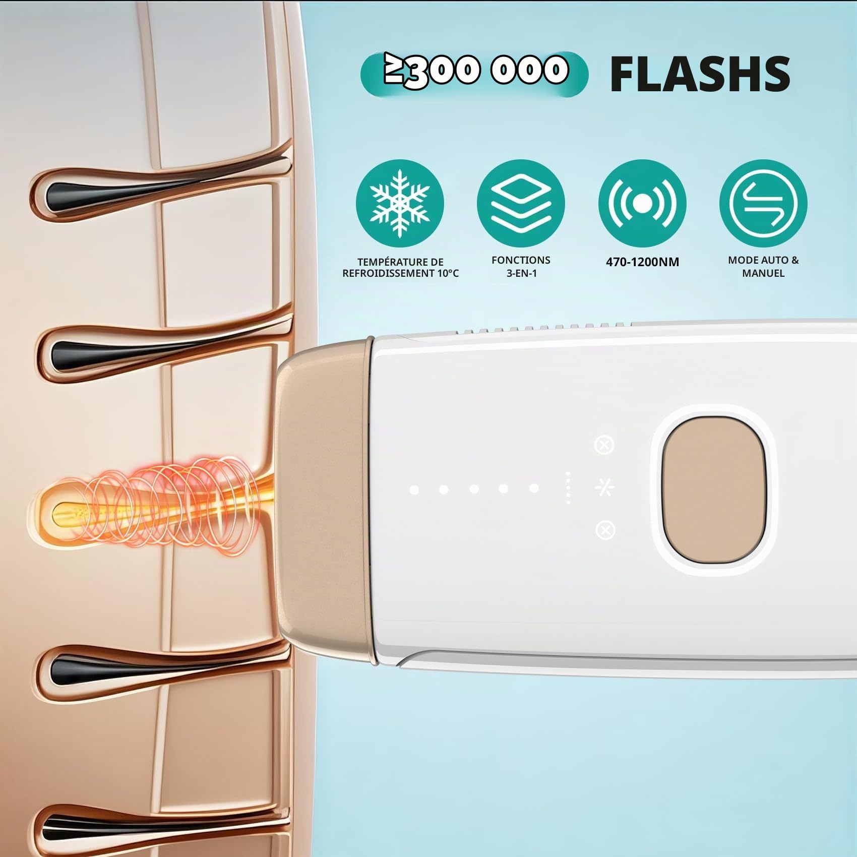 Epilateur Lumiere Pulsee avec Refroidissement, 10 °C et large tension 100 V-240 V, Épilation Laser Définitive, et Indolore pour Visage, Corps, Maillot, Aisselles, Camping Car, Voyages Internationaux