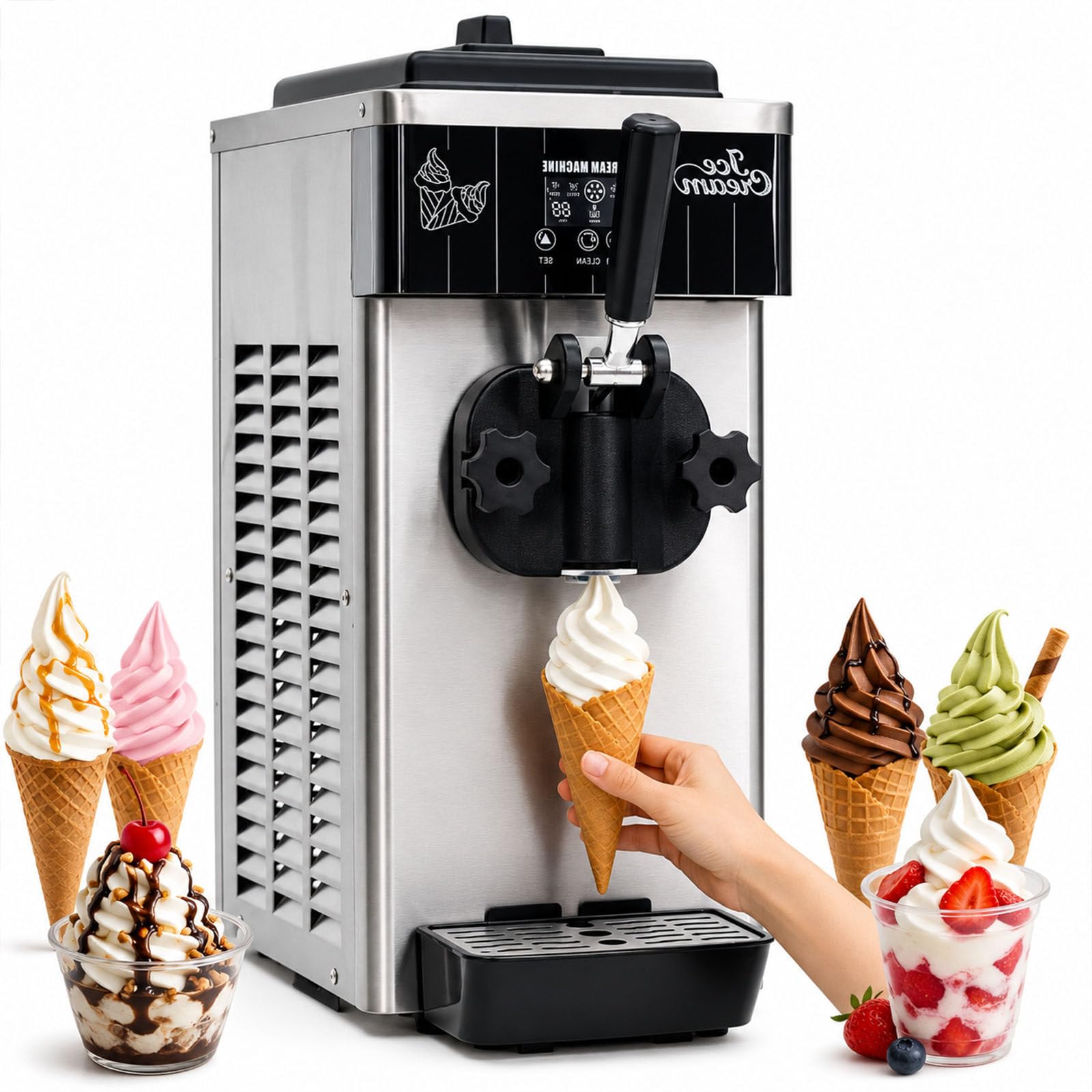 ErShangMao Countertop Single Flavor Maker, Soft Serve Ice Cream Maker Machine With 450w Motor & 2.5l Capacity, Compact Body, Quick Chill, For Yogurt & Sorbet, 4-6l/H,Lcd Touchscreen Control