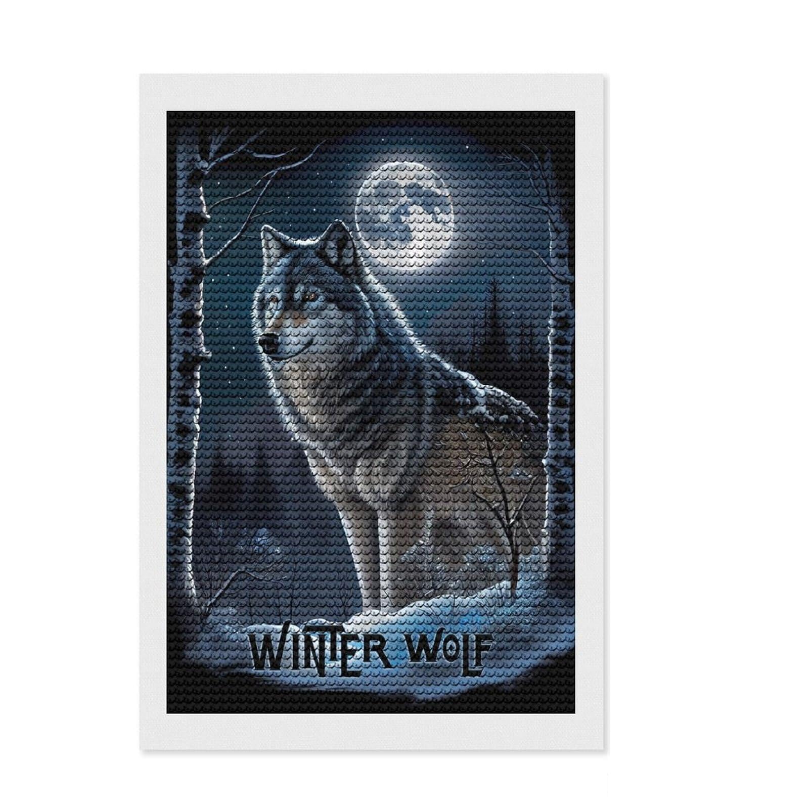 Junmoney Winter Wolf Oil Paint Round Drill Diamond Painting 8"x12", Printed Canvas, Finish and Display, Modern Decor, Christmas Gift