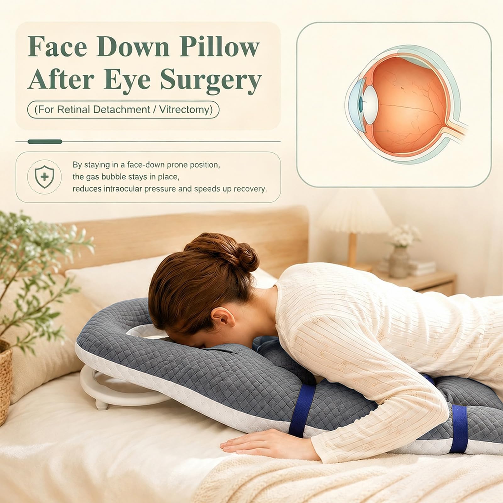 Almohada para dormir boca abajo con orificio para la cabeza, almohada de recuperación facial para retina y cirugía de ojos, almohada con abertura para respirar, franela suave y relleno de