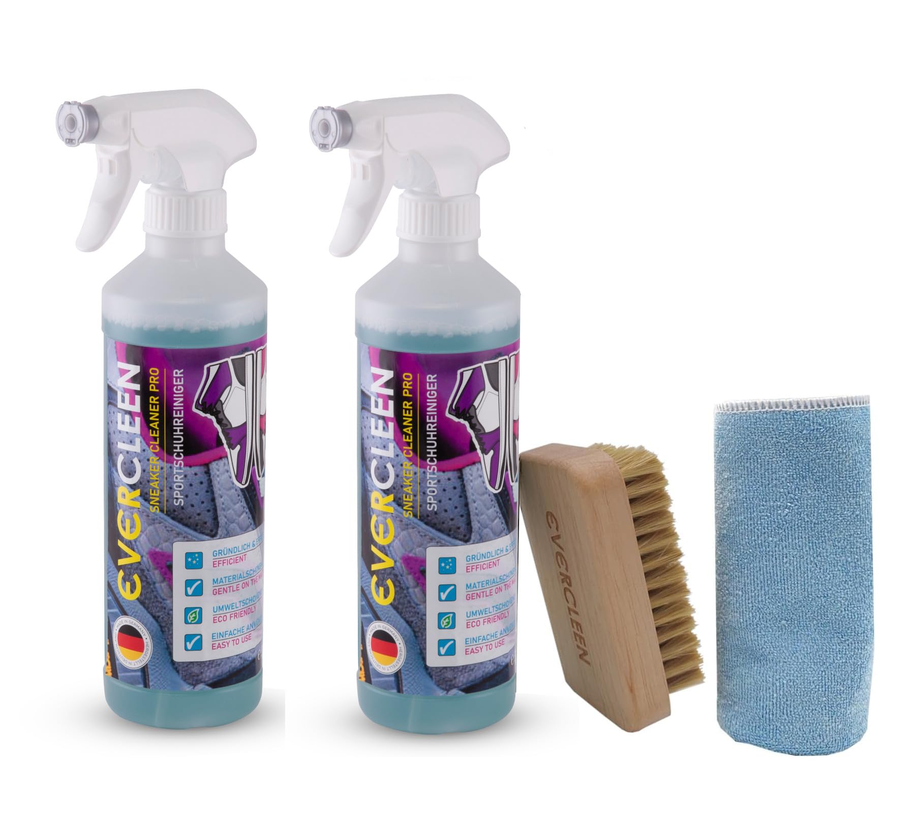 Made in Germany professioneller Sneaker Cleaner 2x 500ml + Mikrofasertuch + Bürste. Intensive Reinigung & Pflege. Einfache Handhabung. Reinigt schonend Sneaker Sportschuhe usw