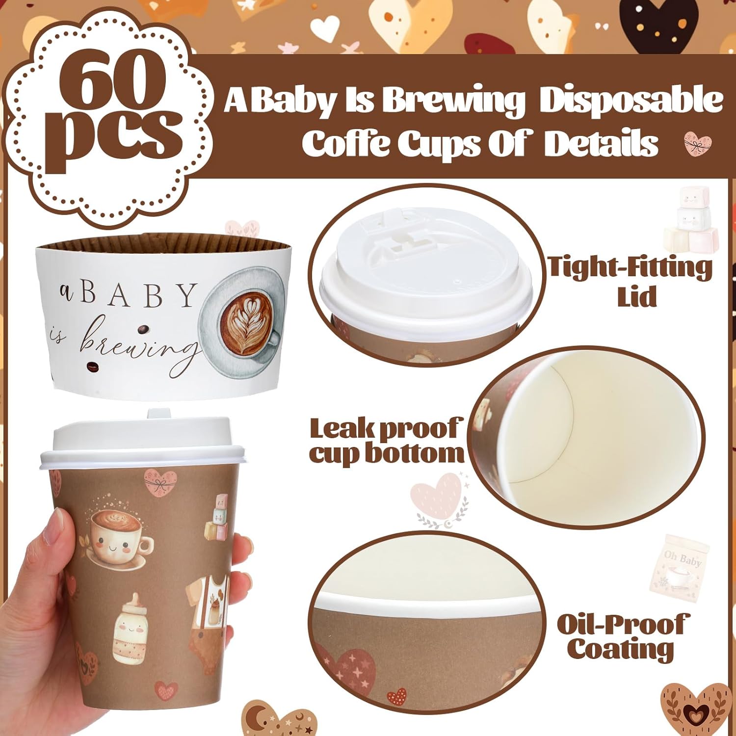 Vesici 60 Pcs 14oz A Baby Is Brewing Coffee Cups Baby Shower Decorations Disposable Coffee Cups with Lids and Sleeves Coffees Bean Theme Paper Cup Favors for Hot Cold Drink Party Supplies